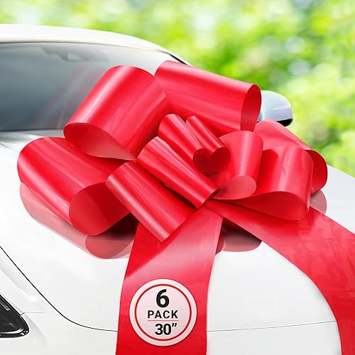 Miniatura 8 de Zoe moño con diseños para auto, color rojo, para regalo, lazo grande de 23 pulgadas para capota o parabrisas, moño con textura elegante.