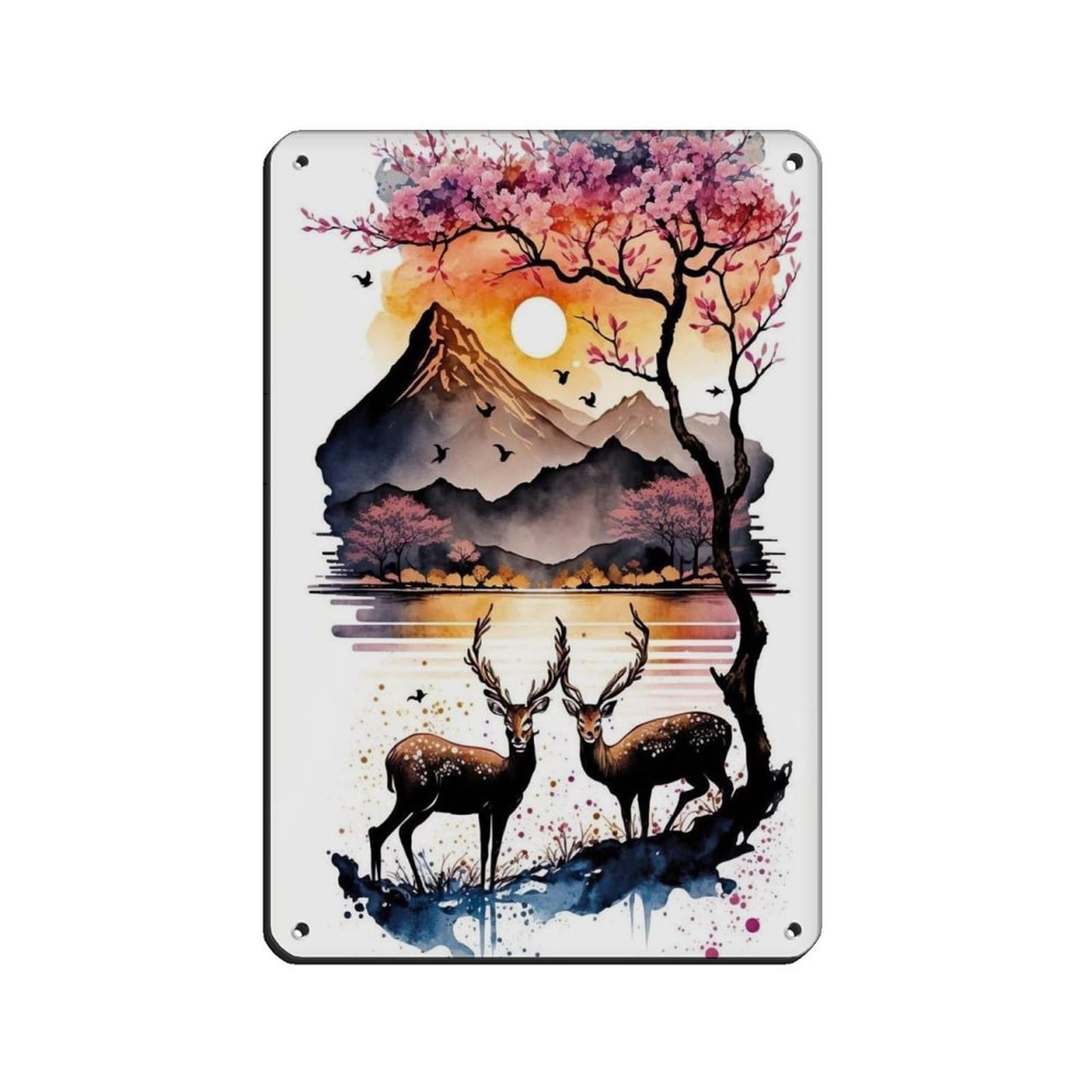Lxwnze 20L X 30W Cm Sika Deers By The Riverjapanese Landscape Tin Sign Vintage Metal Pub Club Cafe Bar Home Wall Art Decoration Poster Retro 8X12inch(20X30cm)