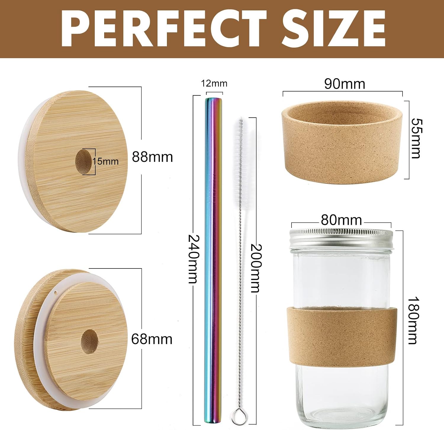 Reusable Boba Cup Bubble Tea Cup Wide Mouth Smoothie Cups Iced Coffee Tumbler, 22 oz Leakproof Glass Mason Jars Boba Tumblers with Wooden Lid and Stainless Steel Straws, Cork Band Sleeve (2 PACK)
