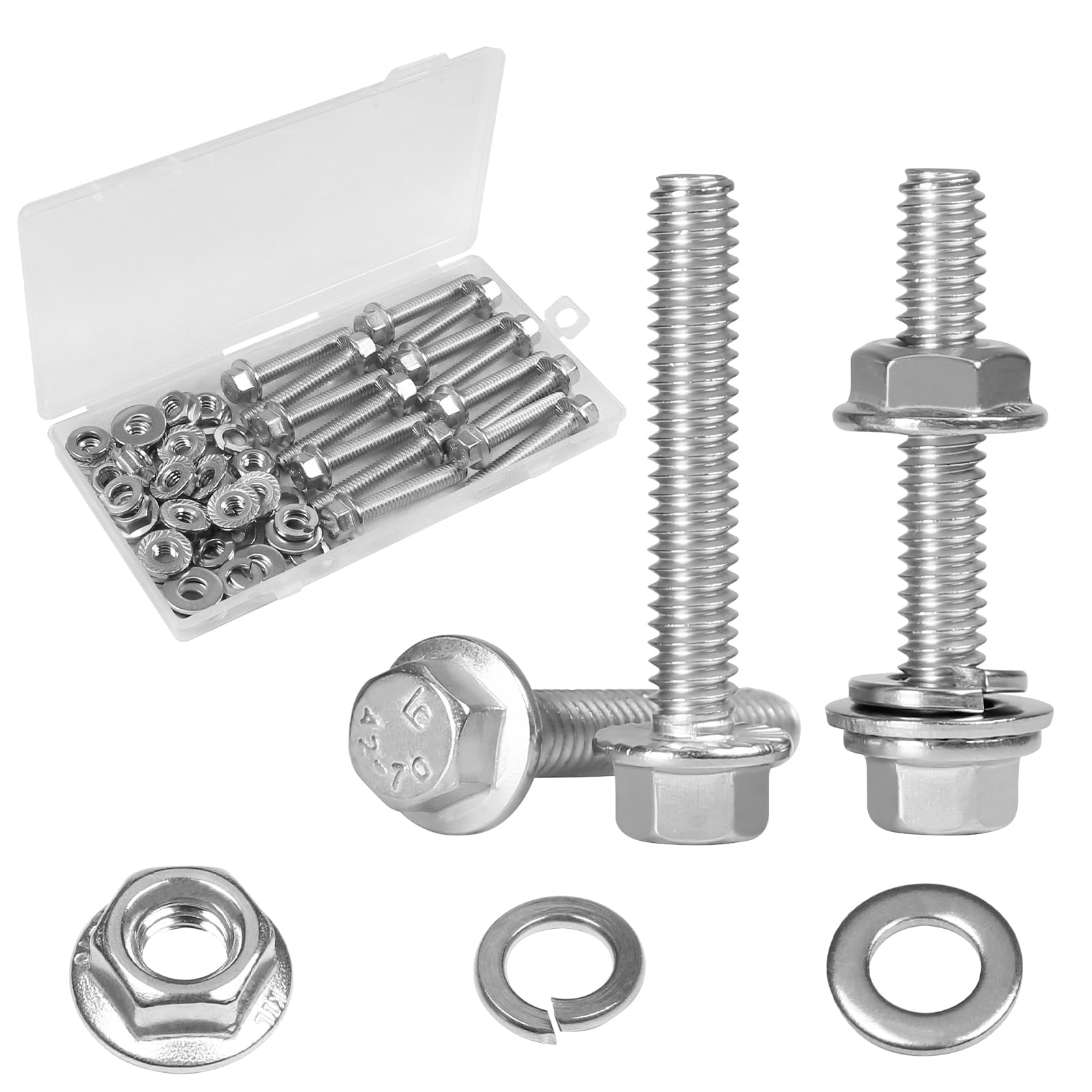 Yinpecly 15 Sets 1/4-20 x 1-1/2" Flanged Hex Head Bolts Kits, 1/4-20 Flange Hexagon Screws and Nuts,Flat & Spring Lock Washers, 304 Stainless Steel 18
