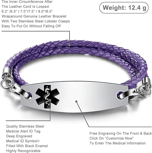 Miniatura 2 de Pulseras de alerta médica con grabado gratuito para mujeres y hombres con cuerda de cuero Rolo Pulsera de repuesto intercambiable Etiqueta