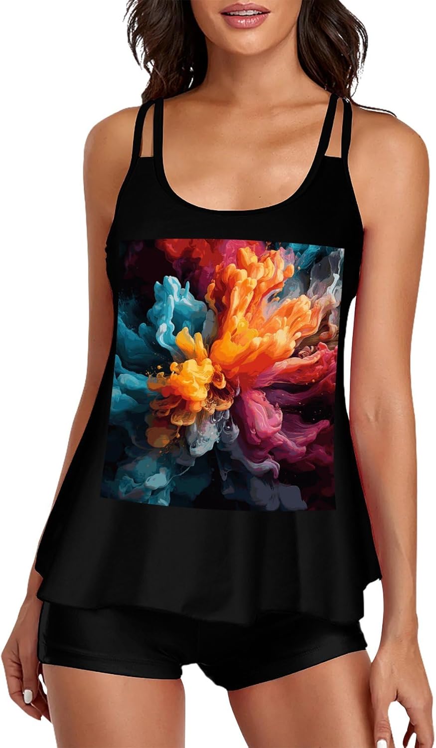 Bold Color Mix Tankini Swimsuits for Women Tummy Control Two Piece Bathing Suits Swim Tops with Boy Shorts