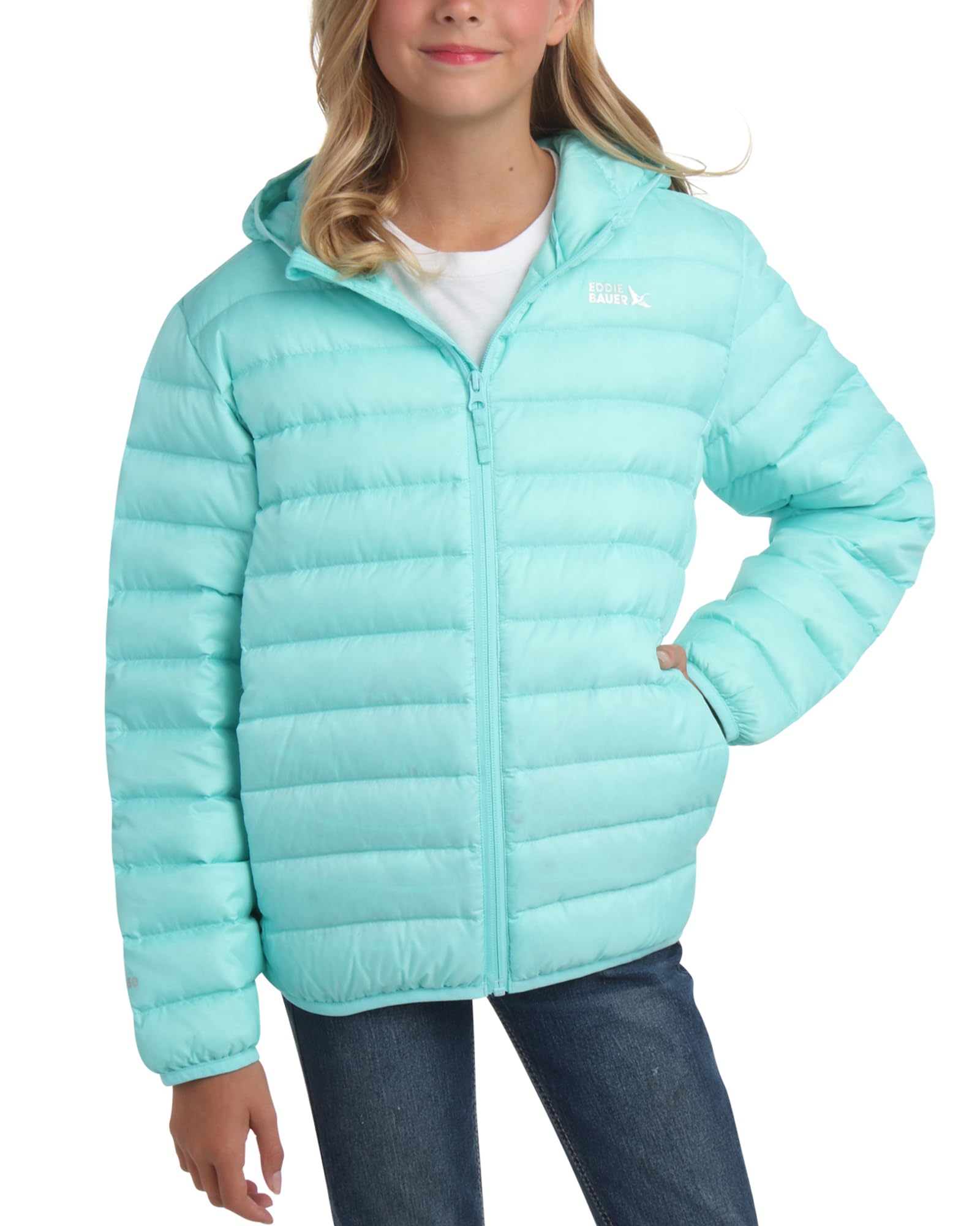 Eddie Bauer Boys' Jacket - CirrusLite Weather Resistant Down Coat for Boys - Insulated Quilted Bubble Puffer (3-20), Size 7-8, Aruba Blue