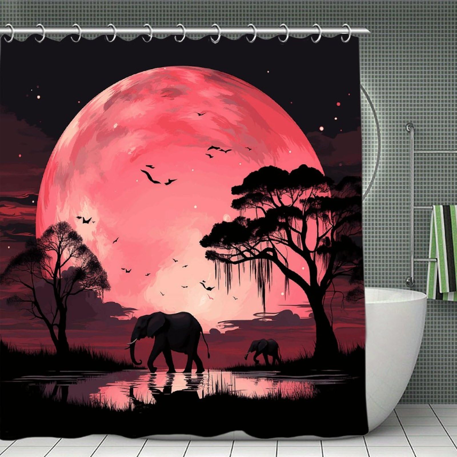VstaDank Pink Moon Elephant Shower Curtain Waterproof Bathroom Curtain with Hooks Luxury Weighted Bath Curtains for Bathtubs Showers Room Dividers Decorative Shower Curtains 71x71 in