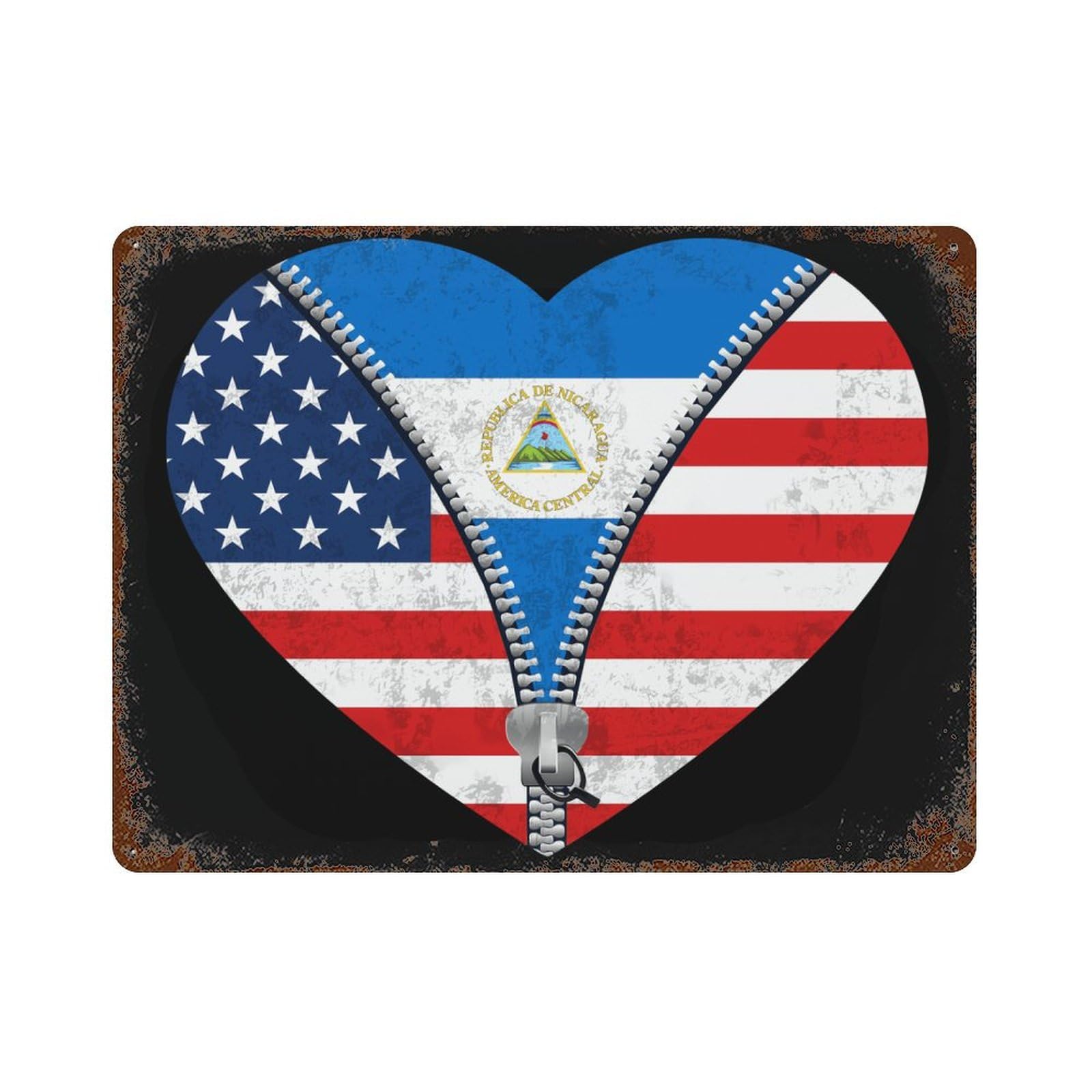 KWQDOZF Heart America Flag And Nicaragua Flag Theme Metal Tin Sign,Vintage Iron Hanging Plate Horizontal with Rust Poster Wall Decor 12x16inch