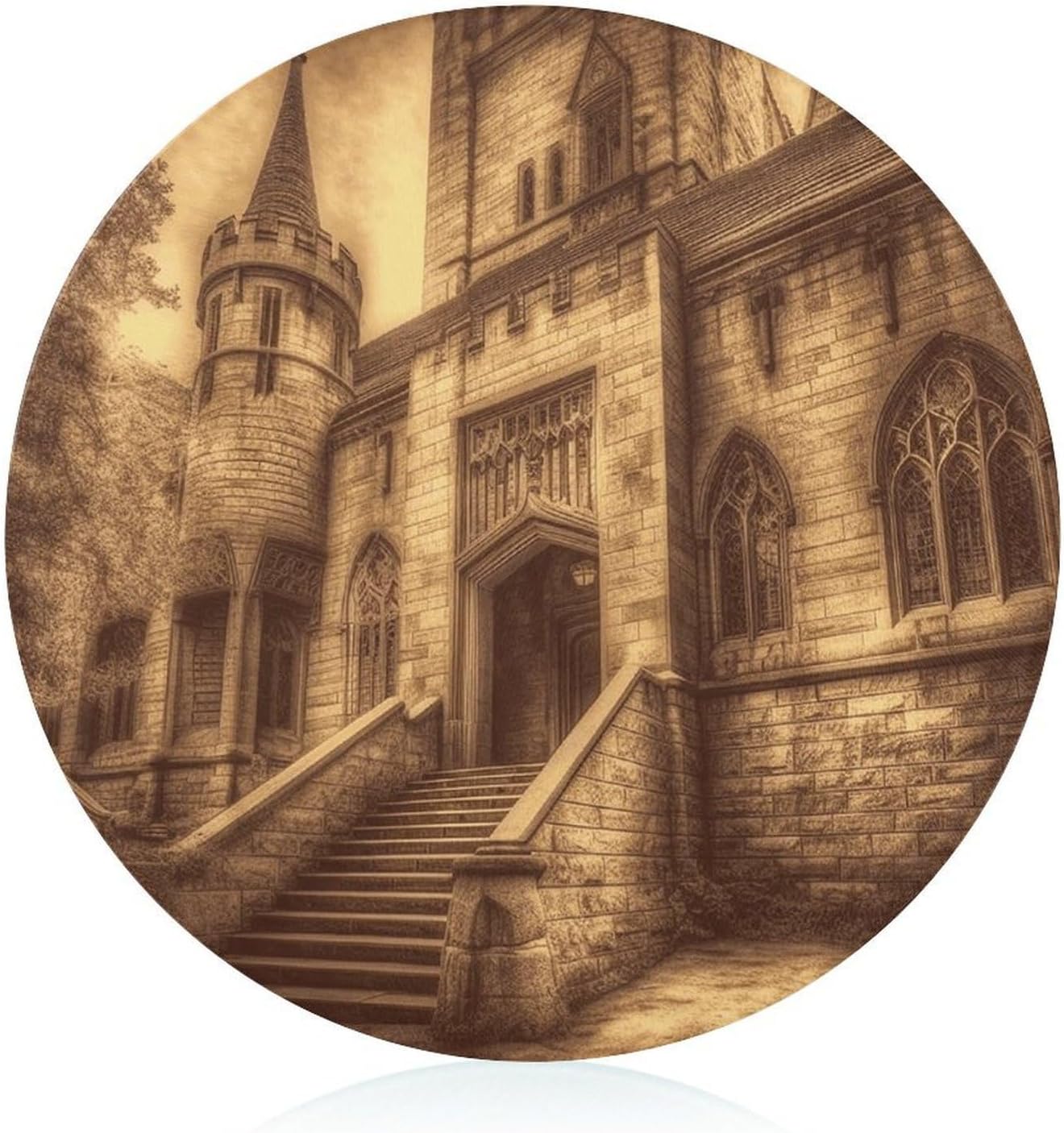 Vintage Medieval Castle Chopping Block Tempered Glass Cutting Board Mats Round Countertop Cutting Boards Small Charcuterie Boards Bar Cheese Board Snack Tray