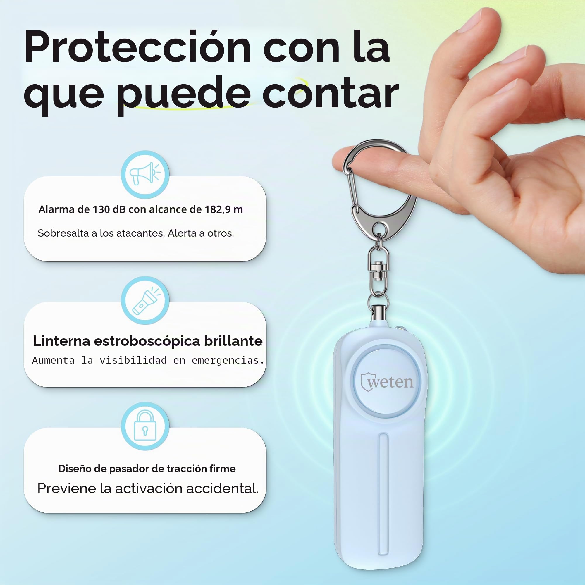 WETEN - Llavero de alarma personal de autodefensa - 130 dB con luz LED - Alerta de emergencia llavero silbato para mujeres, hombres, niños, personas mayores y corredores
