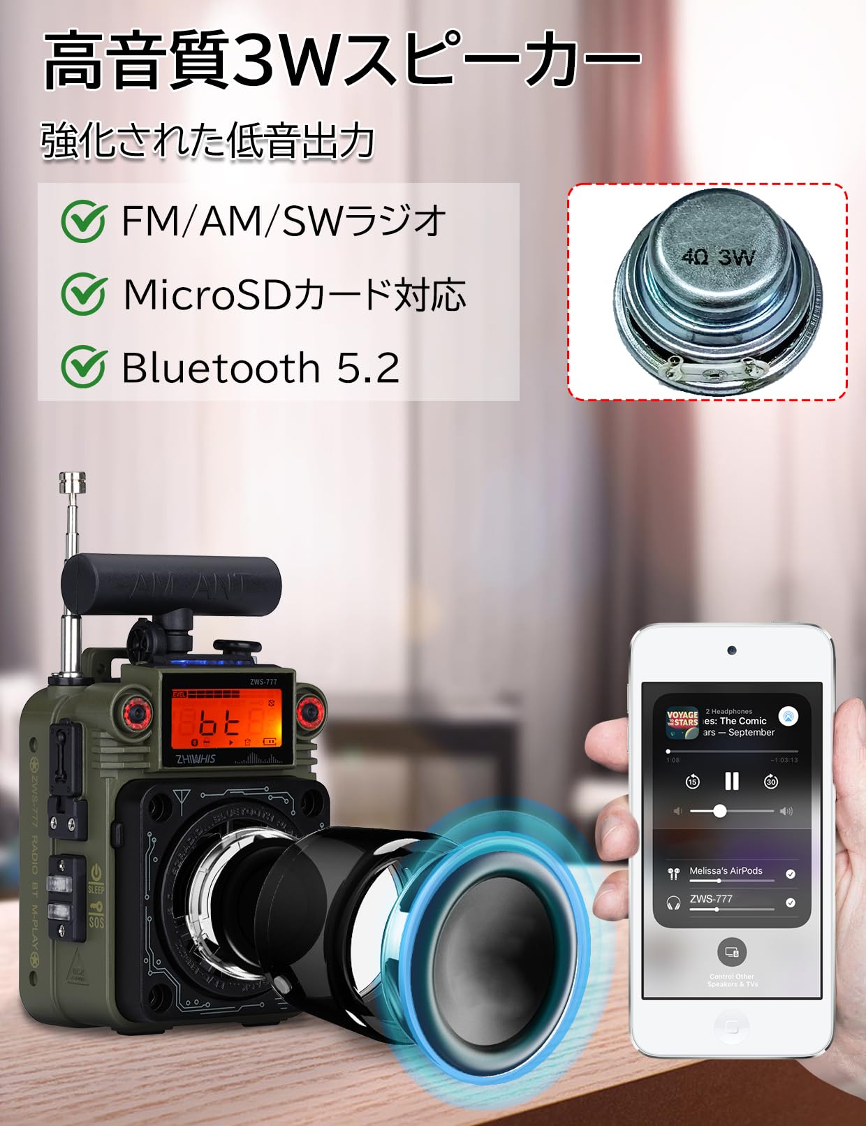 Amazon.co.jp: ZHIWHIS Bluetoothスピーカー BCLラジオ FM AM SW T型