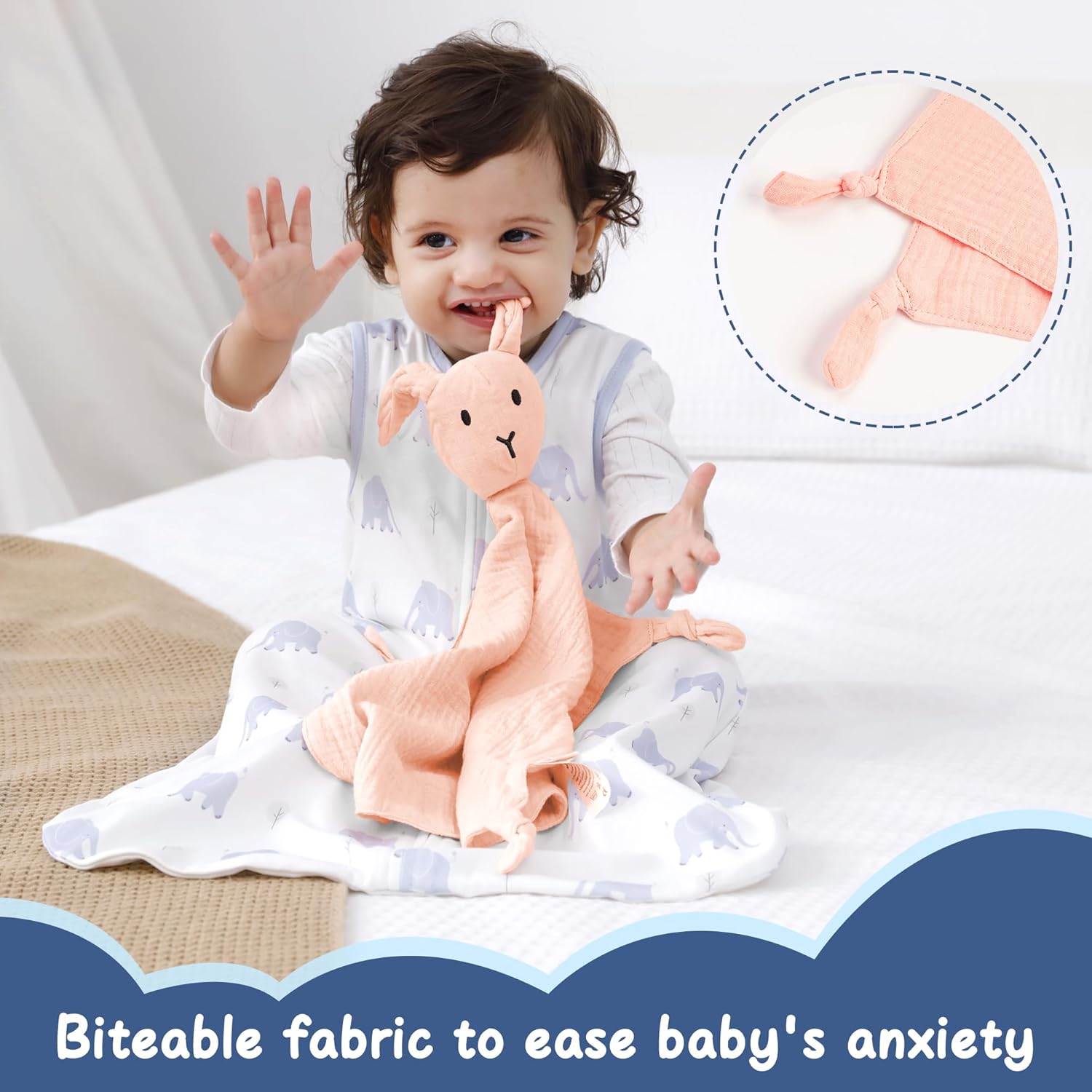 ZIGJOY Bunny Lovey Muslin Cotton Baby Security Blanket Soft Breathable Lovies for Babies Gifts for Newborn Infant Toddler Boys and Girls, Pink & Khaki