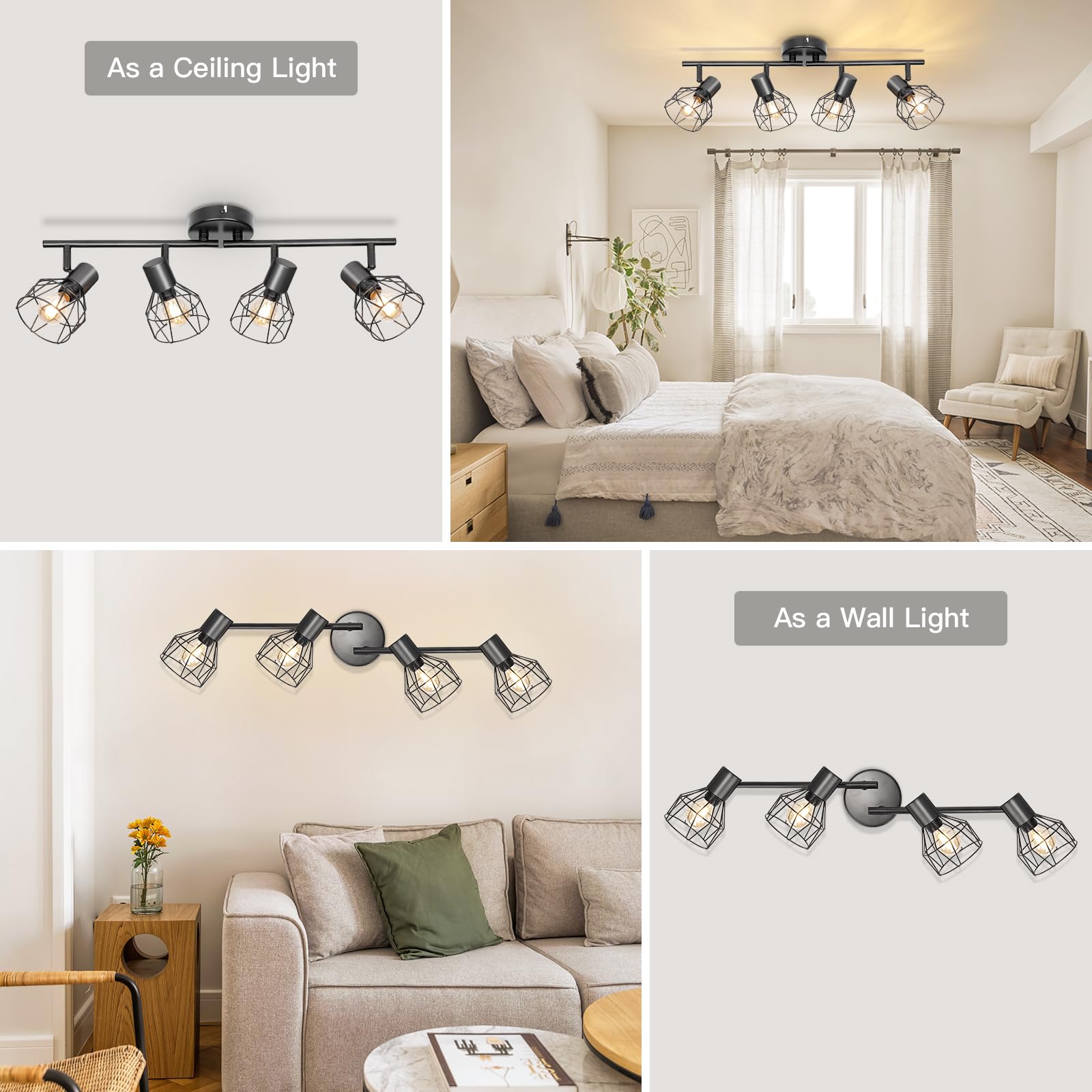Faretti da Soffitto con 4 Faretti Orientabili, Lampada da Soffitto Led Moderno Industriale in Metallo Nero, Luci da Soffitto per Soggiorno Corridoio, Lampadine E14 non Incluse Max. 40W