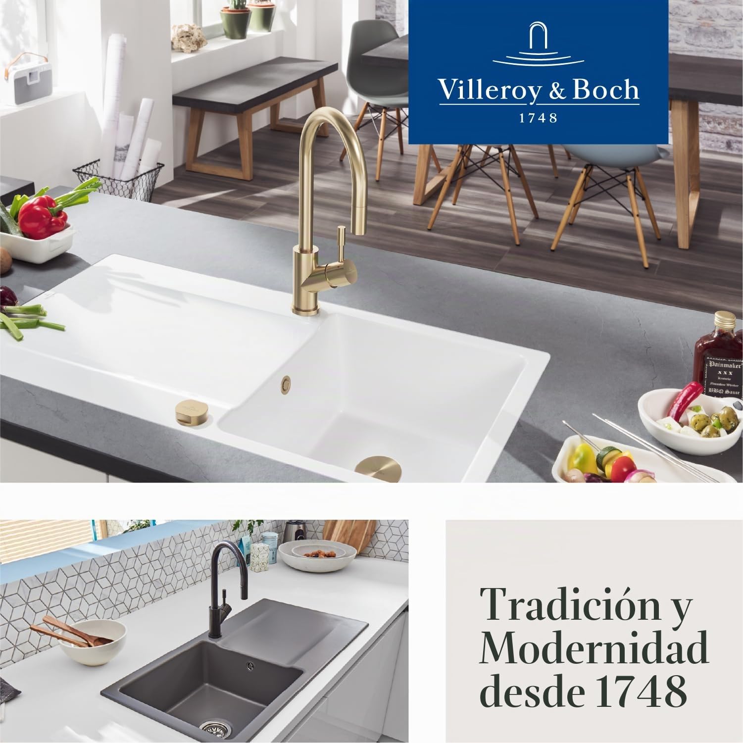 Villeroy & Boch Umbrella Flex grifería de cocina, alta presión, grifo de cocina con rociador extraíble y radio de giro de 360°, grifo de fregadero de bajo consumo, altura del caño 220 mm, dorado