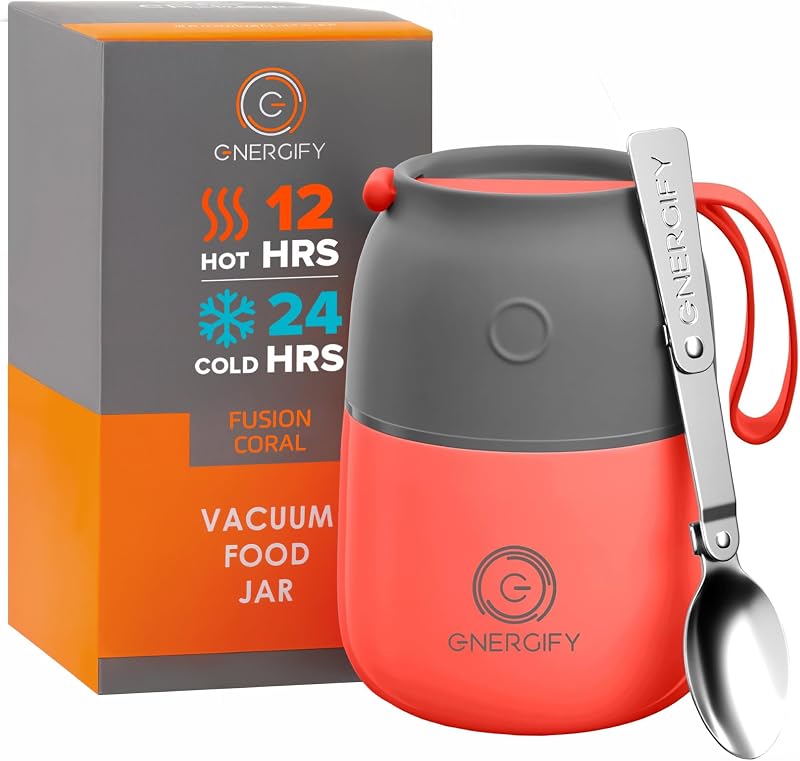 Tarro de comida aislado al vacío. Tazón grande de 12 oz incl. Cuchara plegable, taza. Contenedor de almuerzo de sopa de bebidas frías y calientes de boca ancha para adultos. Acero inoxidable sin BPA, Coral Fusion a prueba de fugas