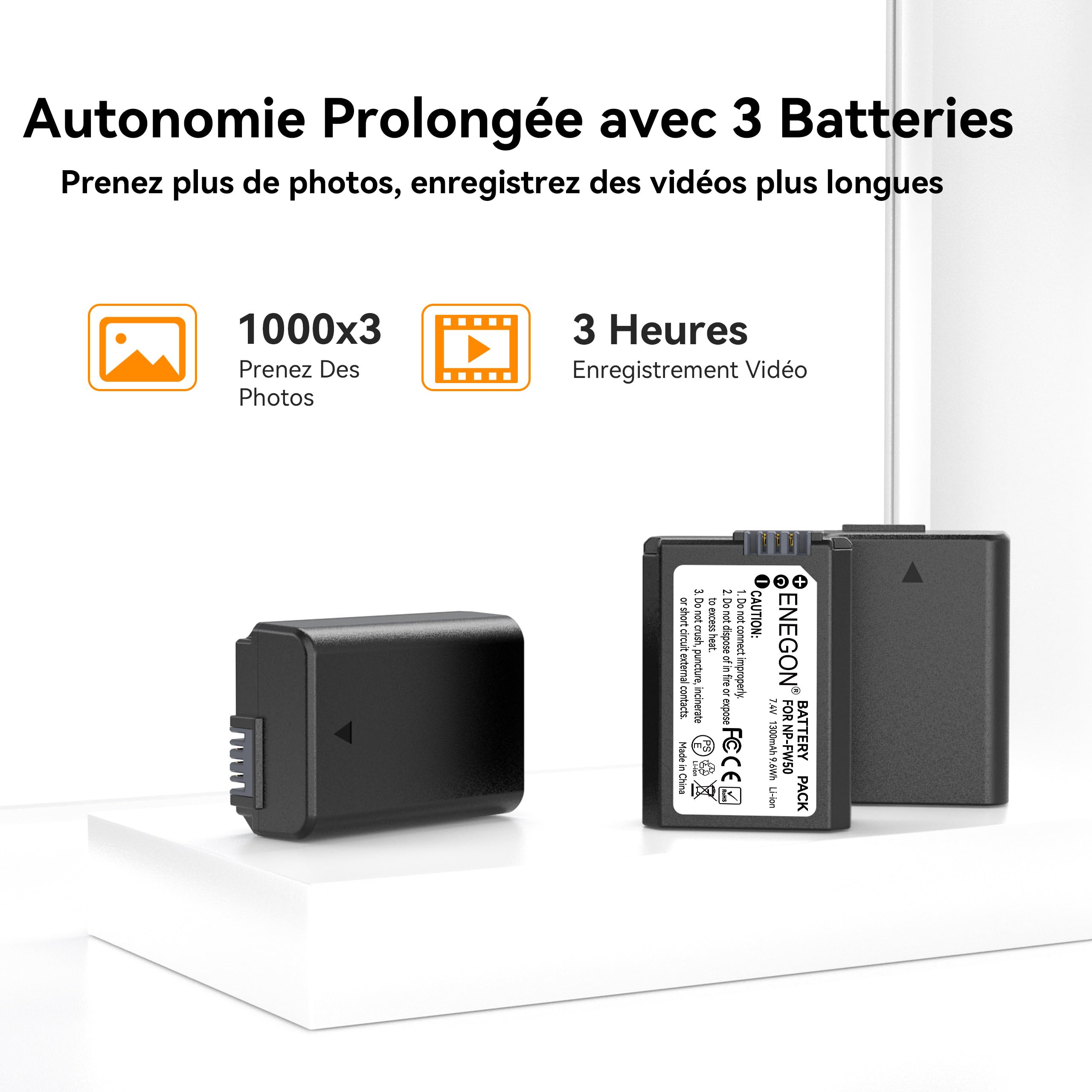ENEGON NP-FW50 Lot de 3 batteries 1300 mAh et chargeur LCD 3 baies pour Sony Alpha A6000 A6300 A6400 A6500 ZV-E10 7RM2 A7SM2 A7M2 A7 II A7R II A7S II A5000 A5100 A5100 3000 g. RX10 II III IV NEX-3/5