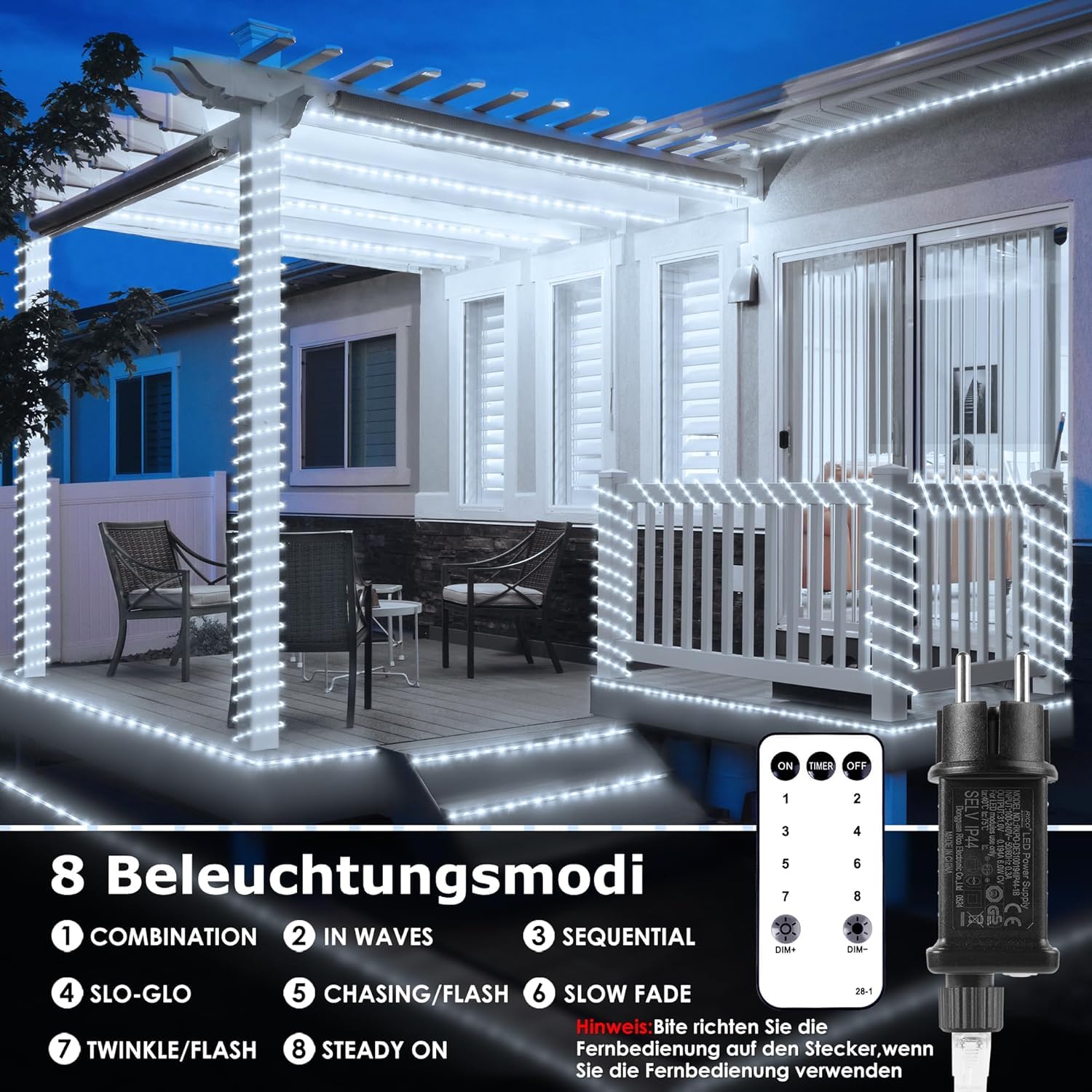 20 m 800 LED manguera exterior (diámetro: 5,5 mm), cadena de luz exterior conectable, luz blanca fría LED manguera de luz con mando a distancia, 8 modos de luz, funciona con corriente para jardín