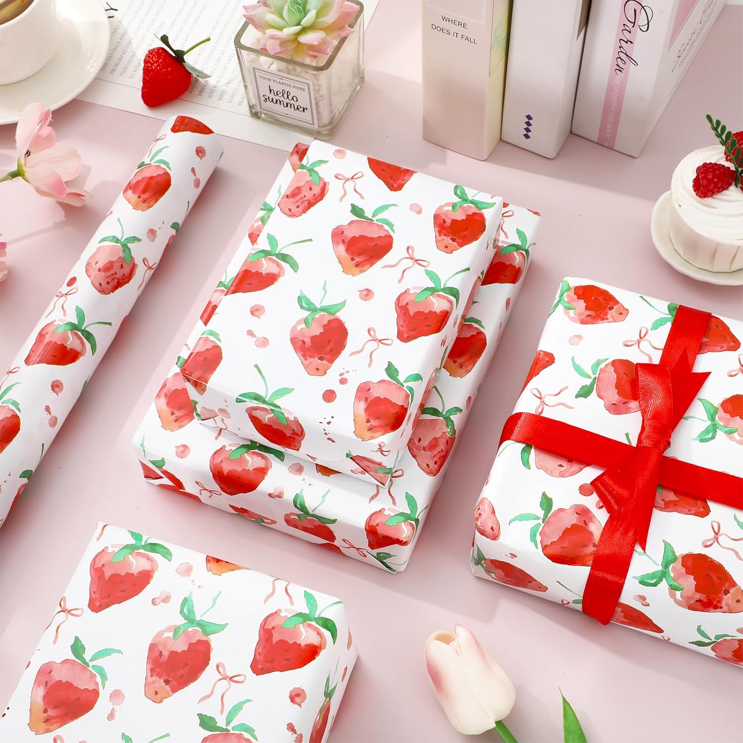 FYSUIMU Strawberry Bow Wrapping Paper -Mini Roll- 17 Inch x 32.8Ft Bowknot Gift Wrap Paper Art Paper for Coquette Baby Shower Birthday DIY Crafts - Image 5