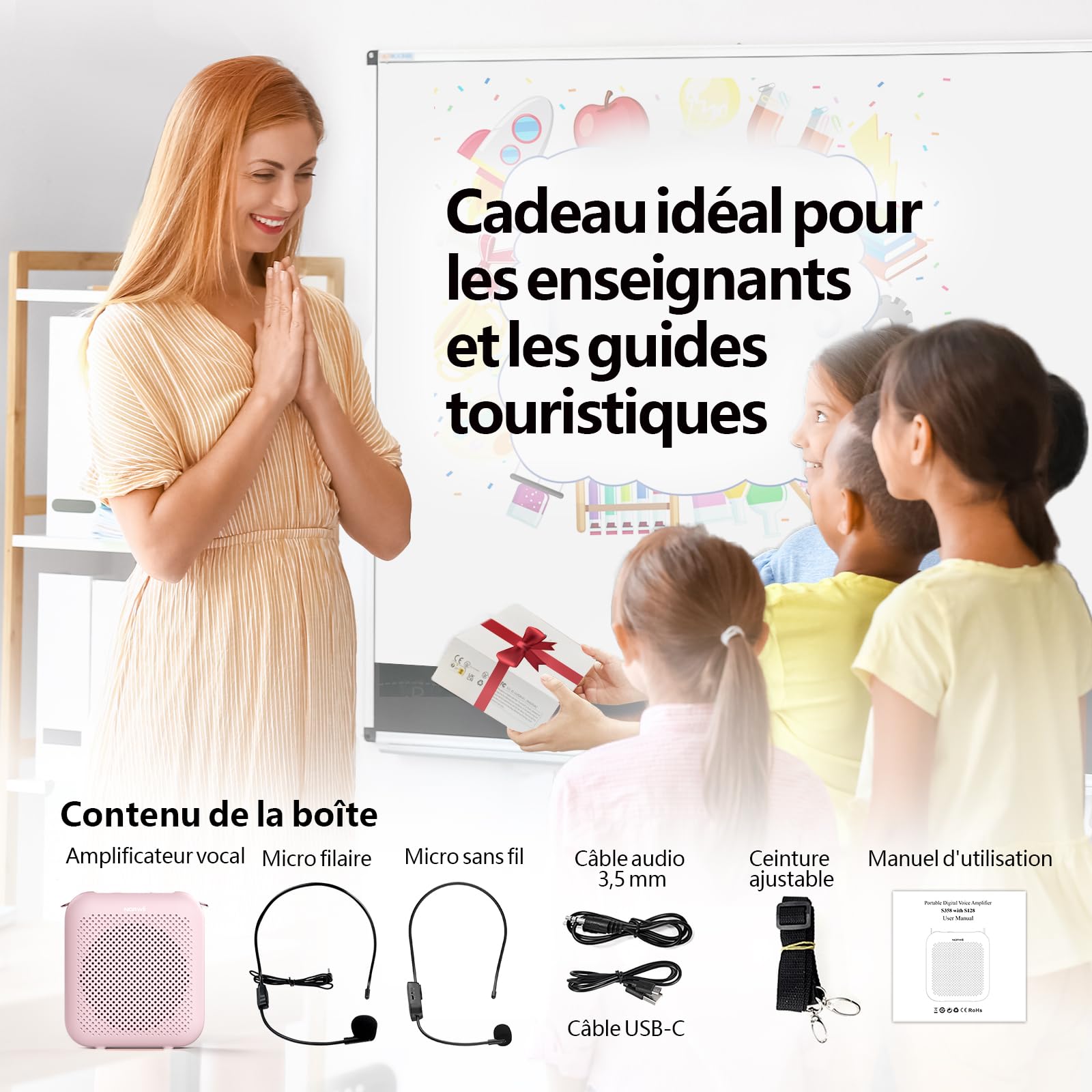 15W Amplificateur Vocal Portable avec Micro sans Fil Bluetooth & Filaire | Portable Amplificateur de voix, Batterie 5200mAh, Type-C Rechargeable, 12h d'autonomie pour Enseignants, Guides, Classe, Yoga