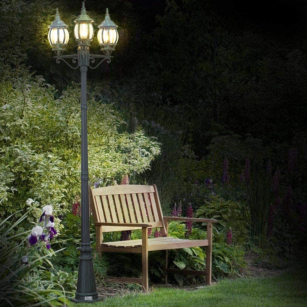 BAKAJI Lampione Vittoriano Classico da Giardino in Alluminio Lampada Lanterna Colore Grigio Finitura Anticata Verde Bronzo IP44 E27 (3 Luci 200 cm)