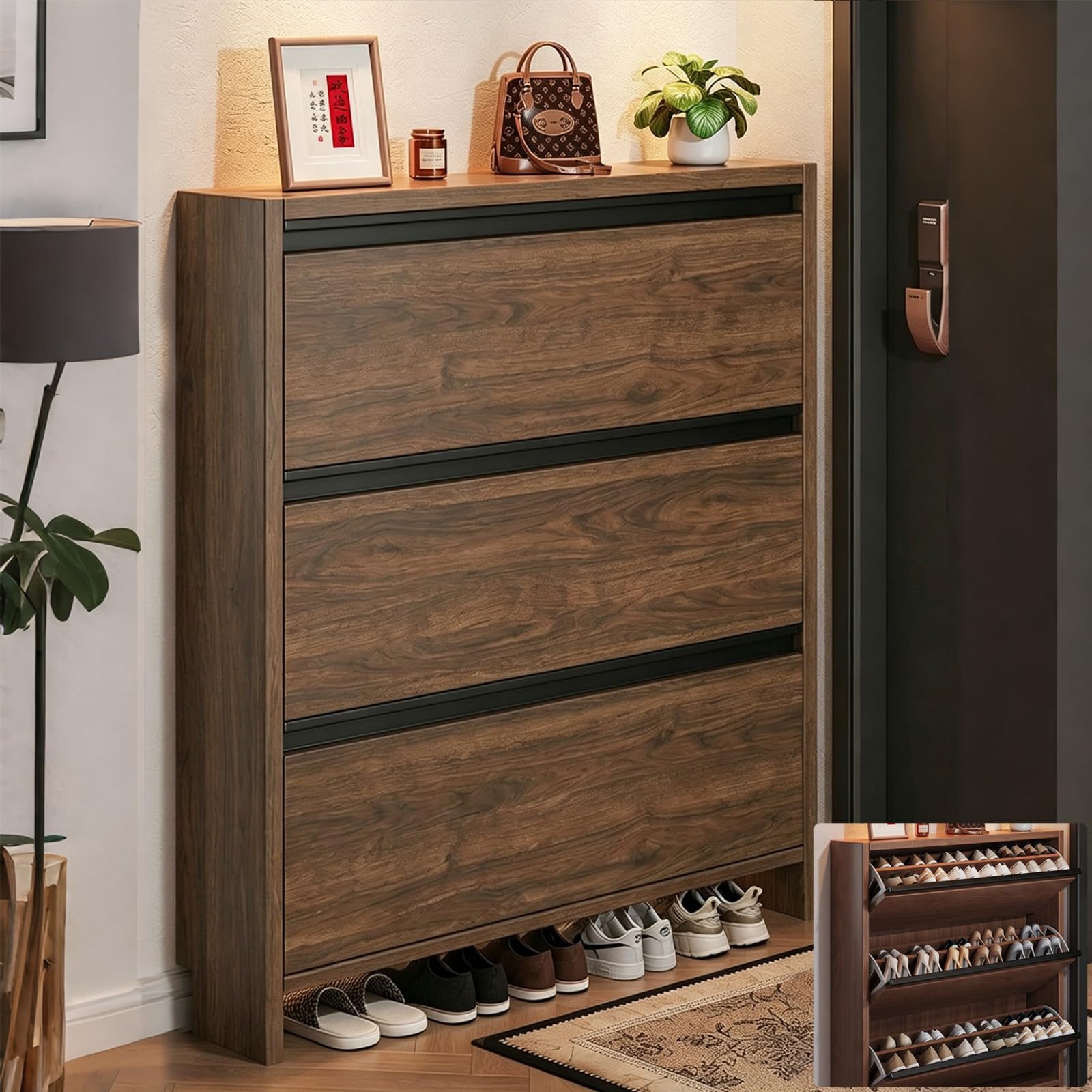 Meuble Chaussure Entree avec 3 Abattants Armoire de Rangement Étagère Étroite avec Crochets Séparateur Réglable Support de Stockage Ouvert Rangement Chaussures Bois pour Couloir Entrée 24cm,103cm