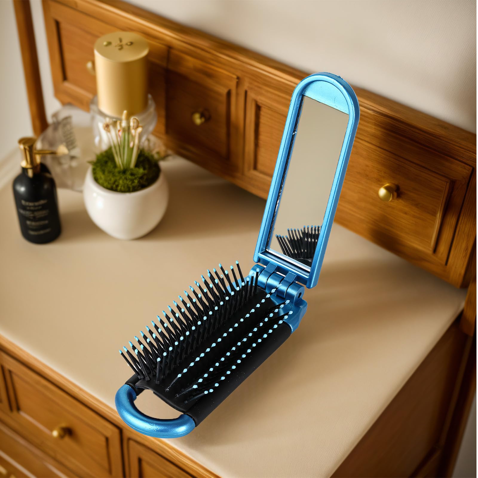 Creative portable folding mirror comb, ladies' airbag small comb with mirror, 1-piece set, Blue