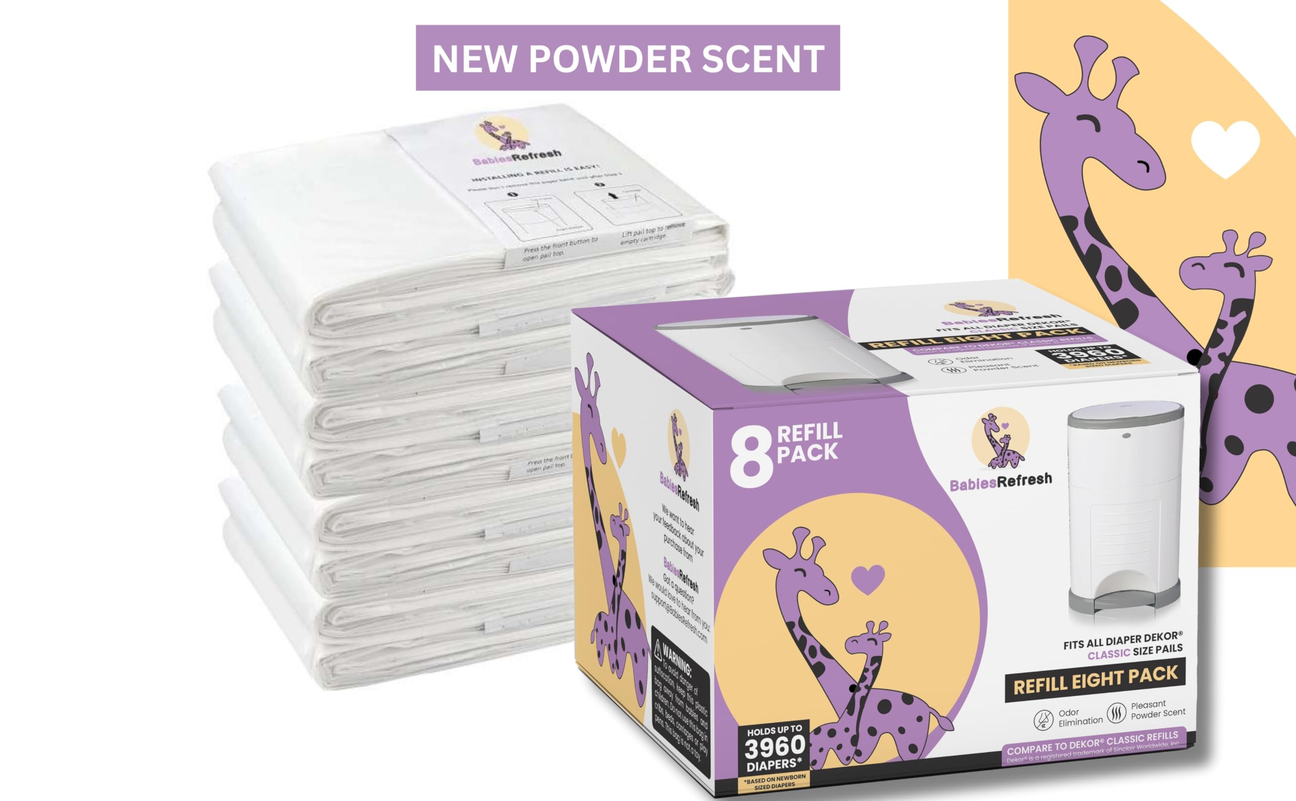 Recambios compatibles con recambios DEKOR CLASSIC para cubos de pañales | Paquete de 8 | Eliminador de olores | Aroma a polvo fresco | Cada recambio de bolsa de pañales tiene capacidad