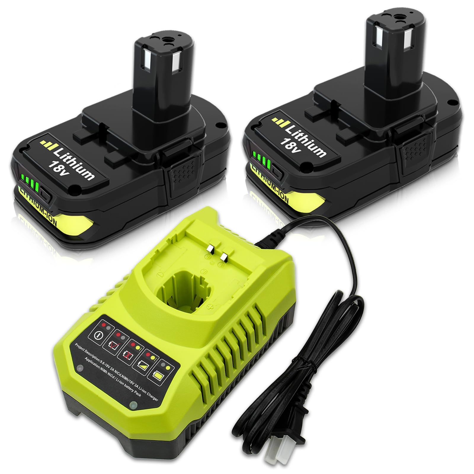 2PACK 3.0Ah Lithium Battery Replacement for Ryobi 18V Battery and P117 Charger Combo Compatible with Ryobi Battery and Charger 18 Volt P102 P103 P104 P105 P107 P108 P109 Cordless Power Tools (Green)