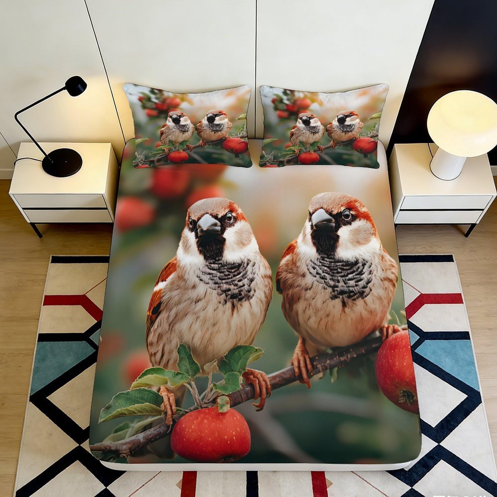 3D Printed Sparrow Bird Fitted Sheet Microfiber Soft Fruit Branch Bed Cover for Bedroom Guest Dorm Decor 90x200x25cm