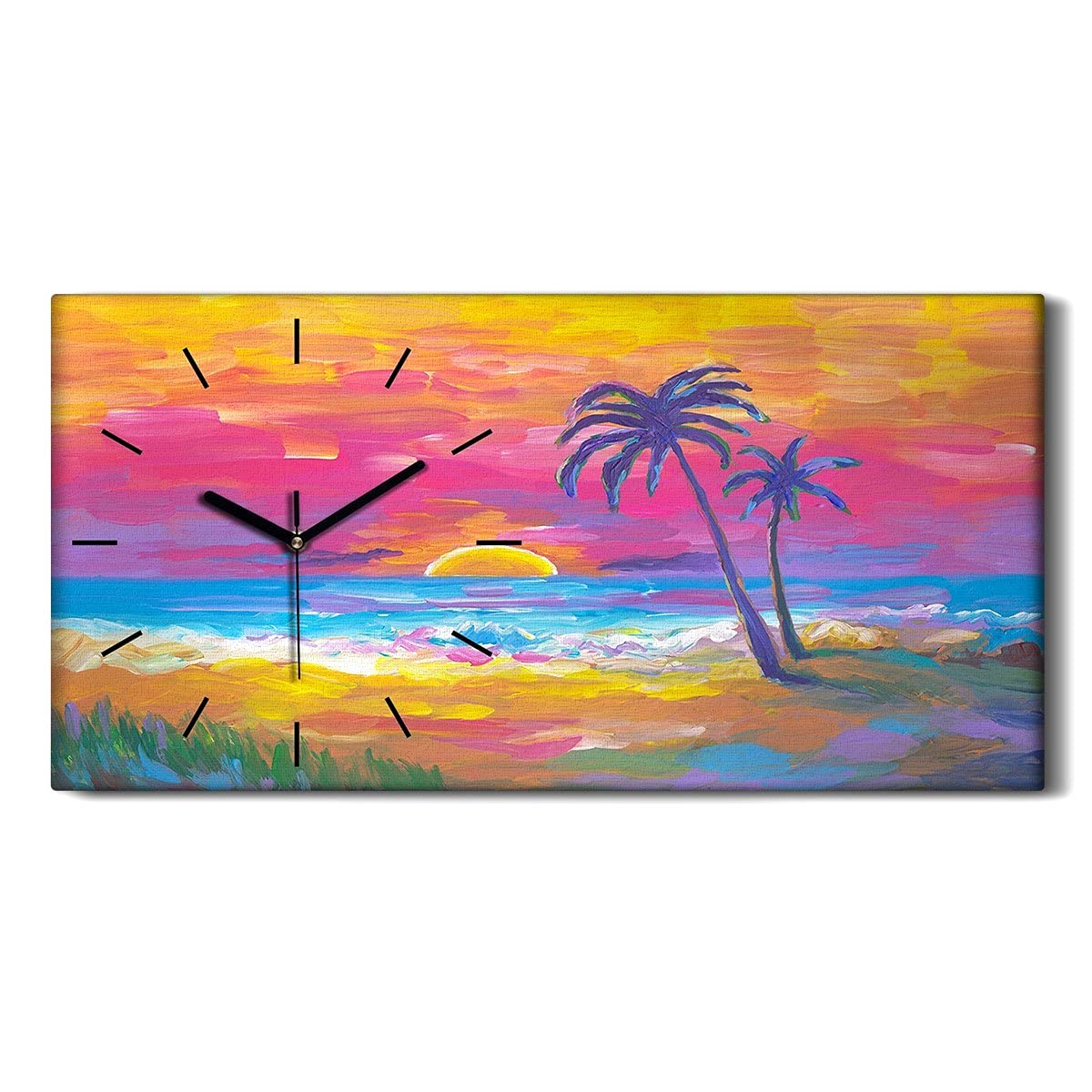 Horloge sur Toile 60x30cm Beach Palms Sunset avec Aiguilles Noires pour Salon