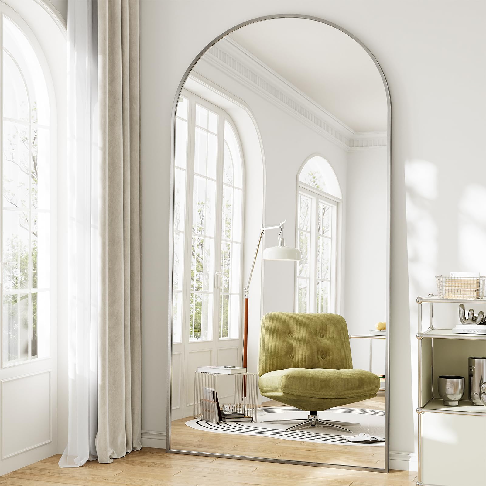 Oversized Full Length Mirror, 35"x78" Large Arched Floor Mirror Full Length with Stand, Room Decor Big Full Body Mirror with HD Tempered Glass Aluminum Frame for Bedroom Living Room, Silver