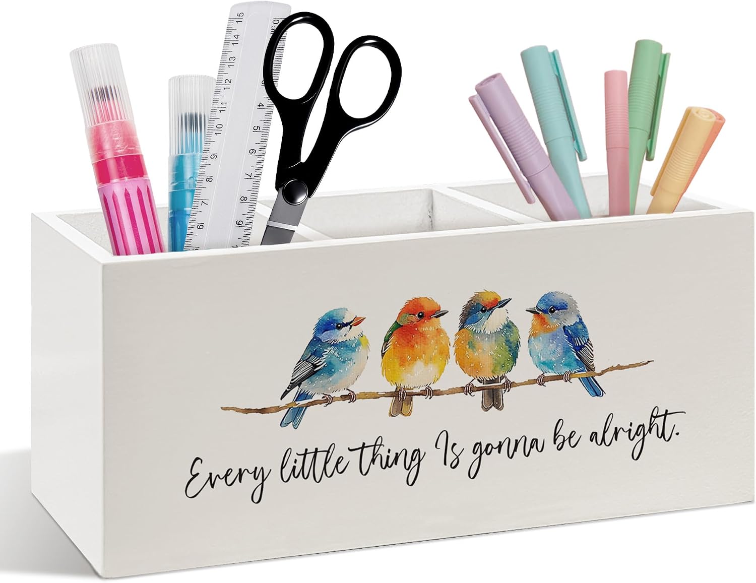 Every Little Thing Is Gonna Be Alright Pen Pencil Holder for Desk, Gifts for Bird Lovers, Inspirational Decor, Rustic Farmhouse Wooden Desk Pen Pencil Holder Organizer for Home Office Decor