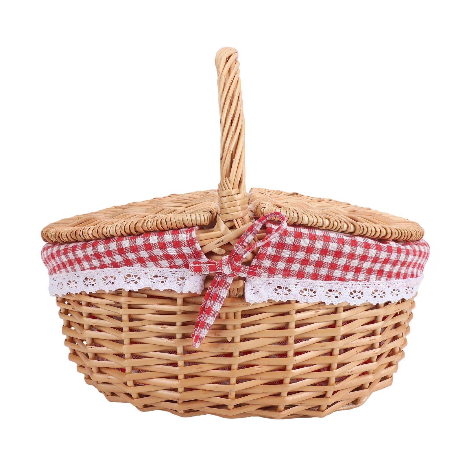 Generic Cestino da Picnic in Vimini Elegante Doppio Coperchio e Manico per Campeggio, Raccolta di Verdure, 13,19x9,65x11,81 Pollici (Griglia Rossa)