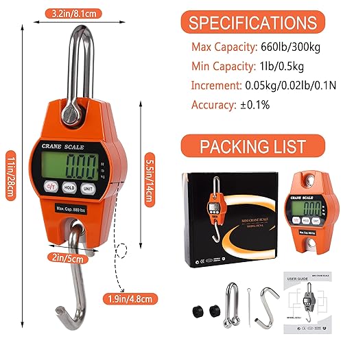 Miniatura 13 de Báscula digital de grúa de 661.4 lbs/660 libras, 440.9 lbs/440 libras con mini báscula colgante LED de mano para garaje, granja, caza, pesca, etc.