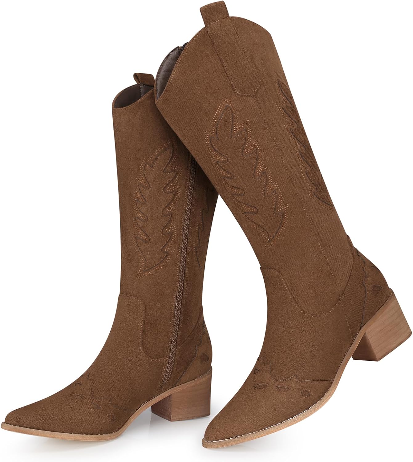 SHIBEVER Suede Knee High Cowboy Boots for Women Comfortable Tall Cowgirl Boots Zipper Low Heel Fall Winter Western Booties