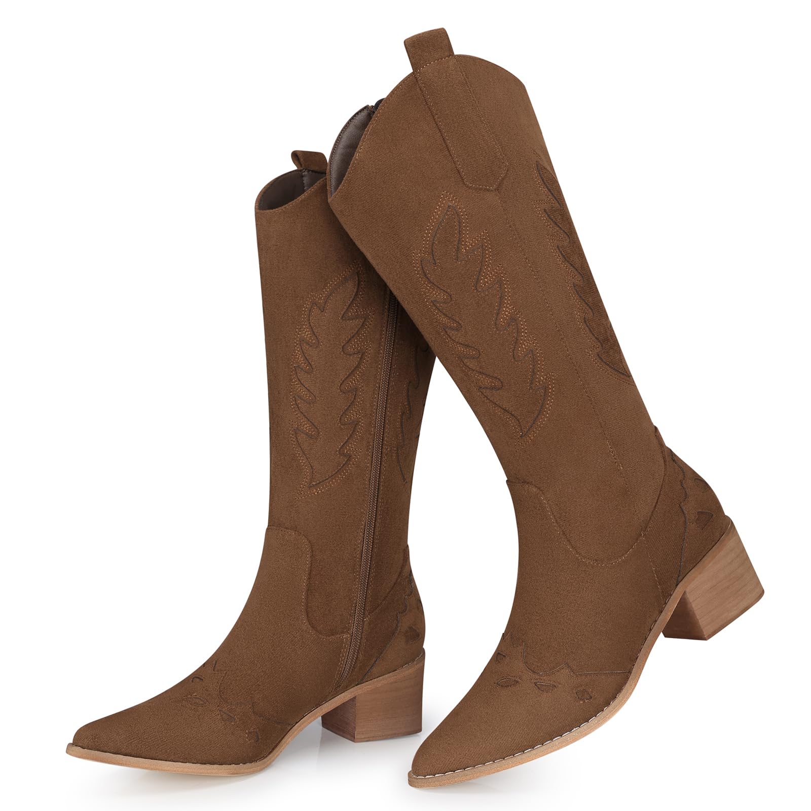 SHIBEVER Suede Knee High Cowboy Boots for Women Comfortable Tall Cowgirl Boots Zipper Low Heel Fall Winter Western Booties