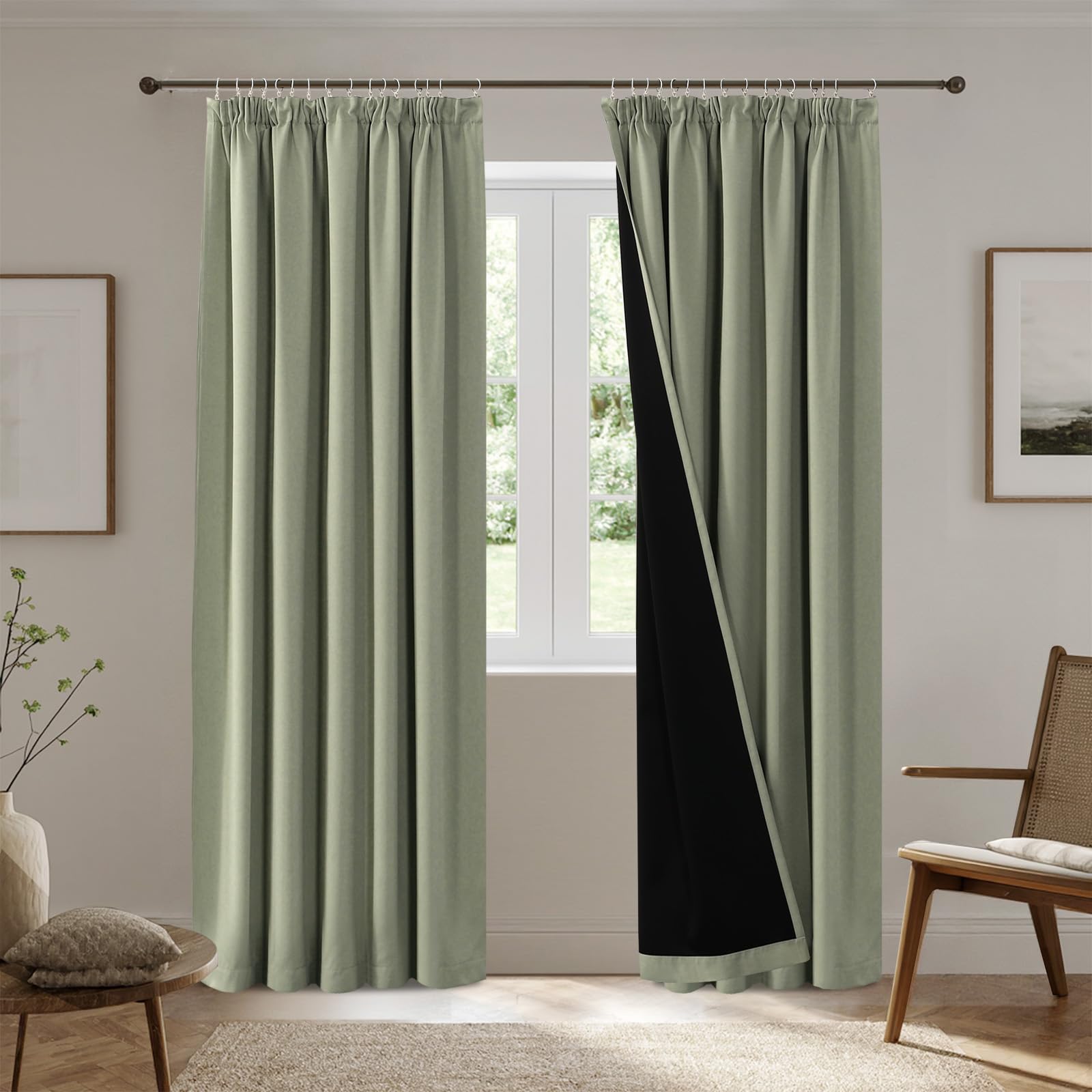 H.Versailtex 100% Blackout Thermal Curtains, Short Pencil Pleat Curtain for Bedroom Decor Thermal Insulated Window Treatments Light Blocking, Room Darkening, W66 X L54Inch, 2 Panels, Light Sage