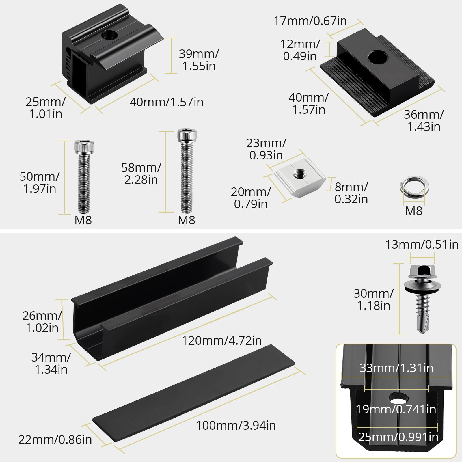 Anbte Kit di supporto per pannello solare per 2 pannelli solari da 30/33/35