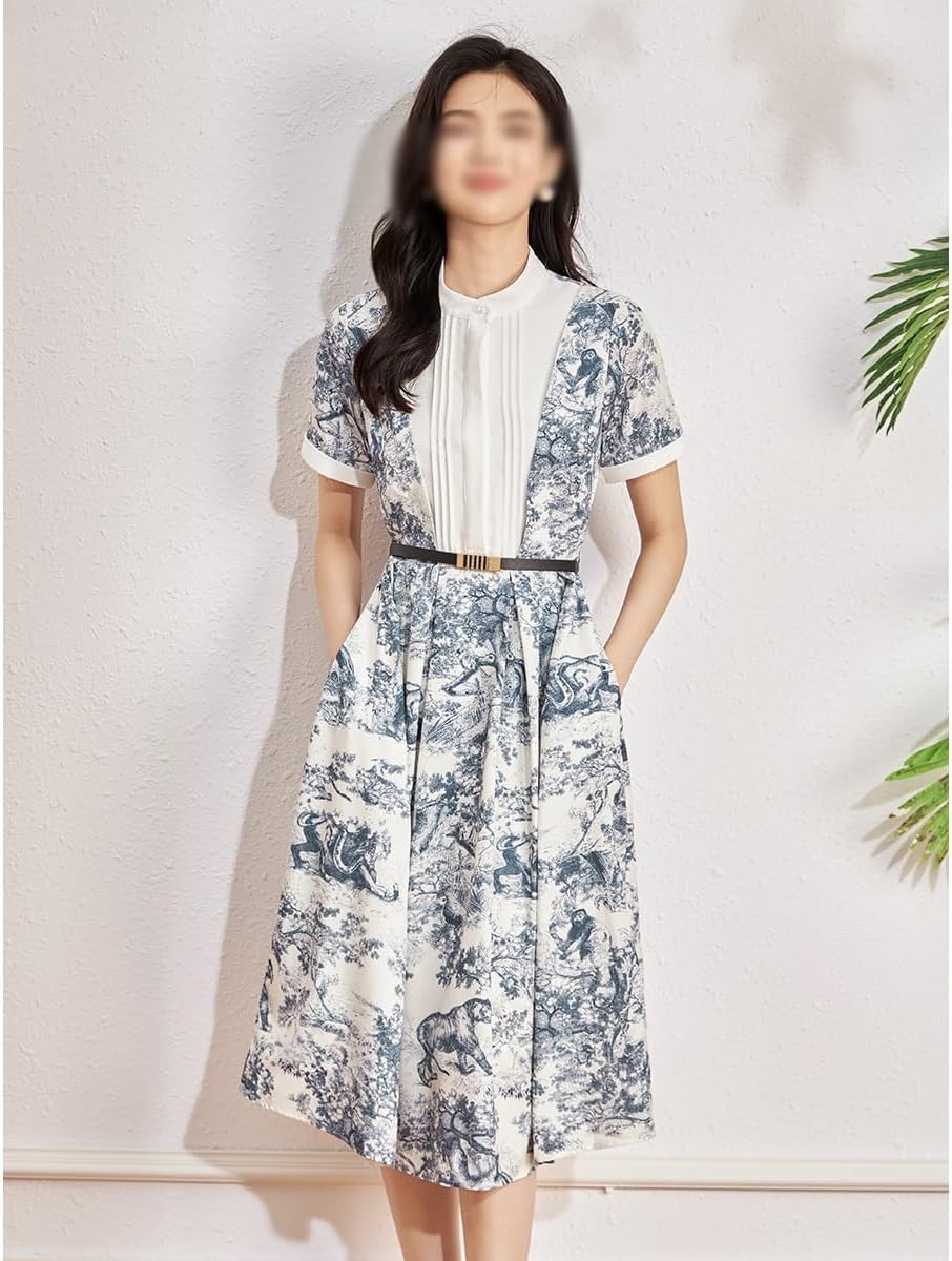 JSEIAJB Stand Up Collar Printed Patchwork with Ink Printing and Dyeing for Slimming and Large Hem Dresses