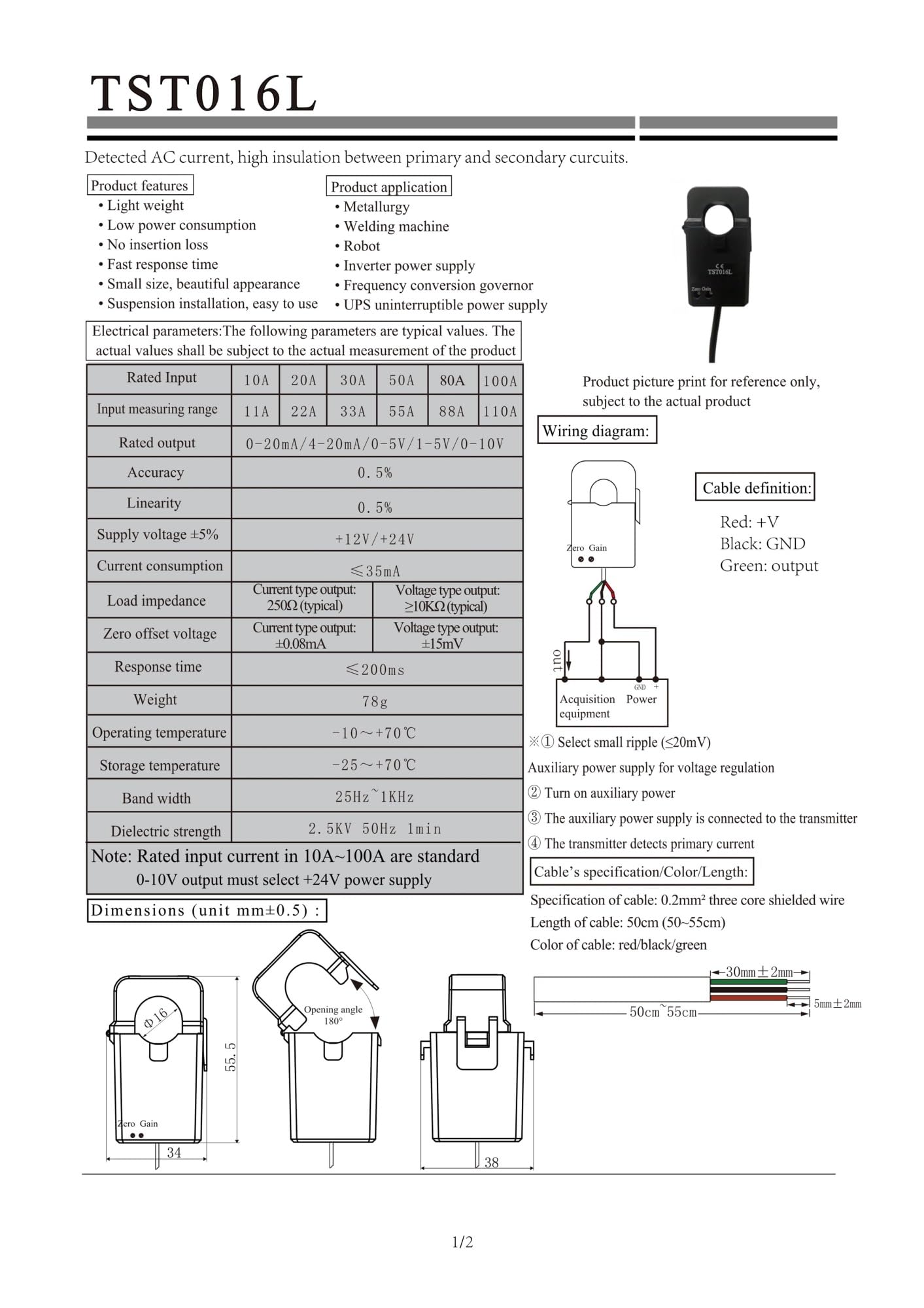 TST016L Wejście 10A 20A 30A 50A 80A 100A Wyjście 0-10 V Napięcie zasilania +12 V/+24 V dokładność 0,5% rozdzielony nadajnik prądu (20 A 0-10 V 24 V)