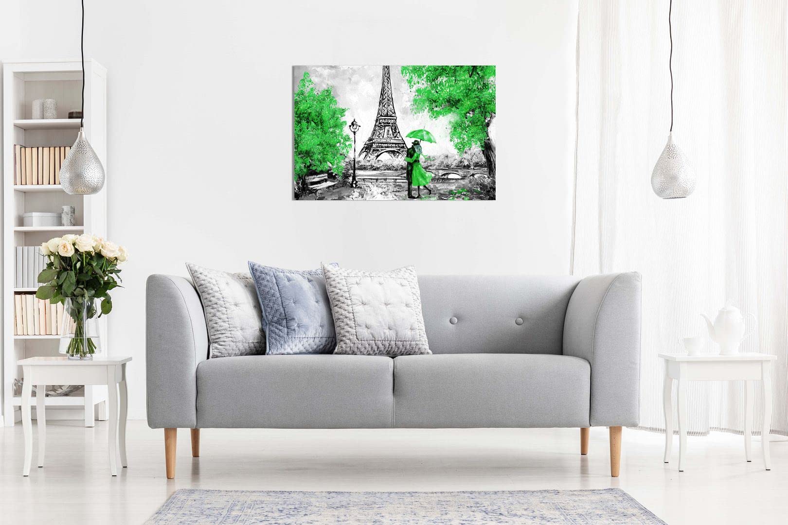 Stampa Su Tela Quadro Parigi Torre Eiffel Con Ombrello Verde - 61x41 Cm, Decorazione Parete Pronta Da Appendere - 2