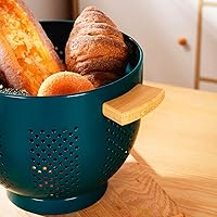 Vista 12 de Colador de metal con mango de madera y base estable, cesta coladora de cocina de acero con recubrimiento en polvo para escurrir pasta, verduras