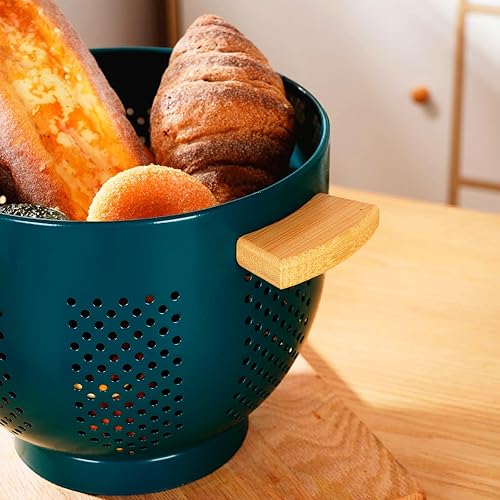 Miniatura 5 de Colador de metal con mango de madera, colador de cocina grande de acero recubierto en polvo, base estable, (verde, 5.5 QT)