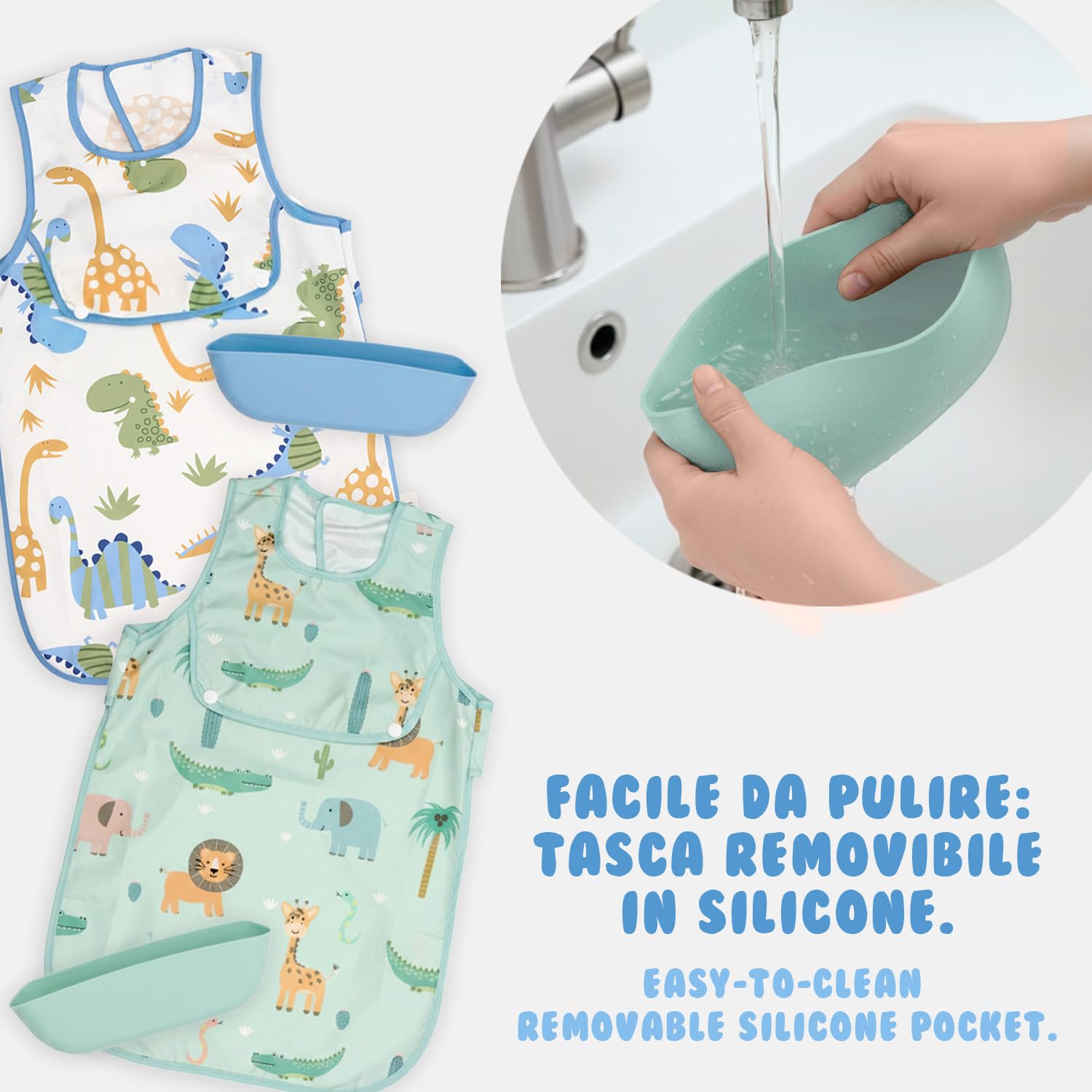 PERLETTI Bavaglini Impermeabili Bambini con Tasca Silicone Raccoglipappa Staccabile - Bavaglino Svezzamento Senza Maniche - Grembiule Pappa Bavaglia Bambino Bambina Lavabile Riutilizzabile