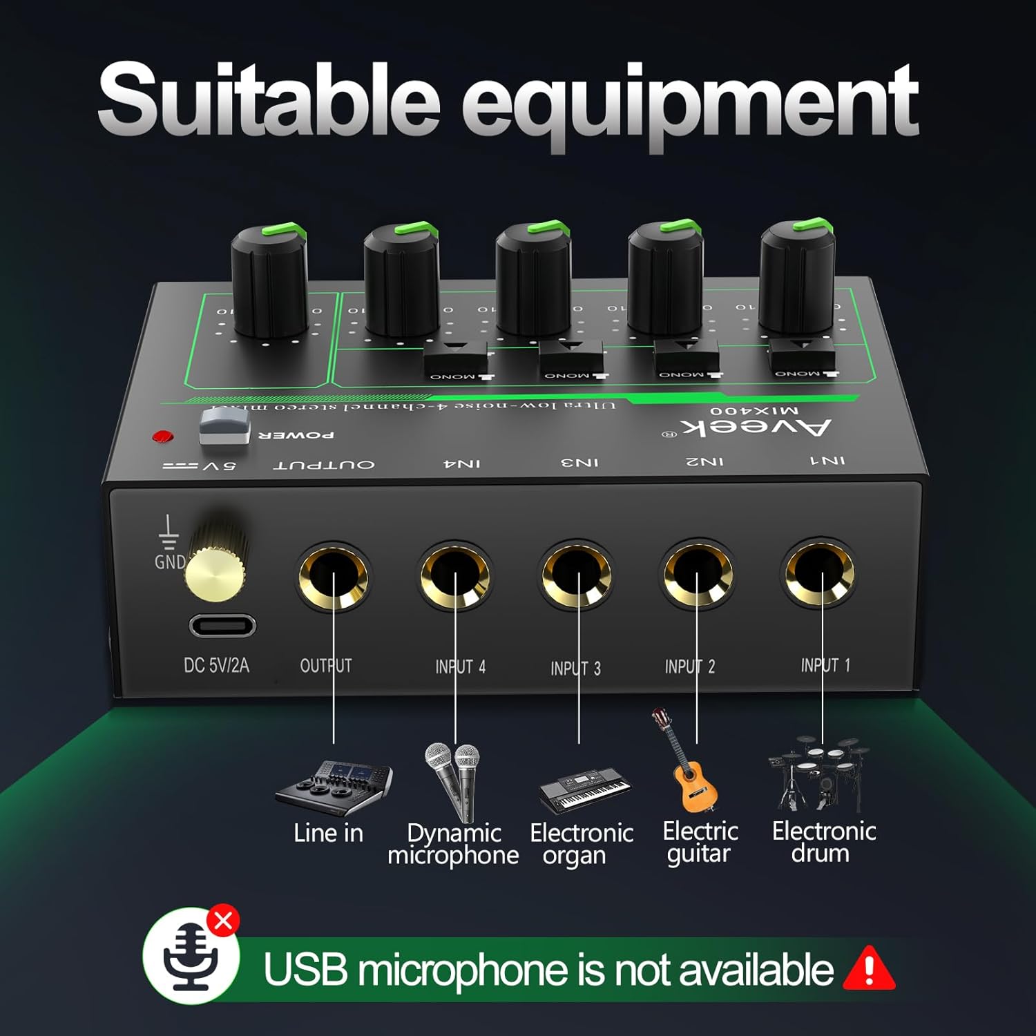 Aveek MIX400 mixer showing suitable equipment connections