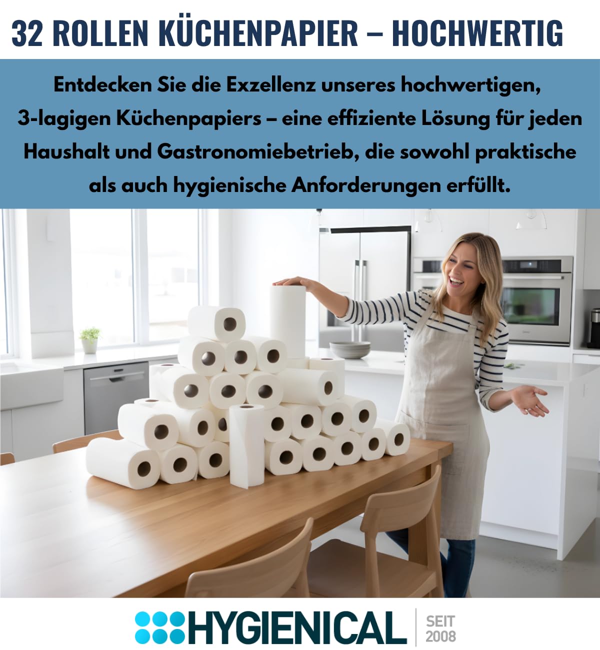 Küchenrollen 3-lagig, Küchenpapier hochweiß, Handtuchrolle aus 100% Zellstoff, Haushaltspapier, Küchenkrepp, 3-lagig, Menge:32 Rollen