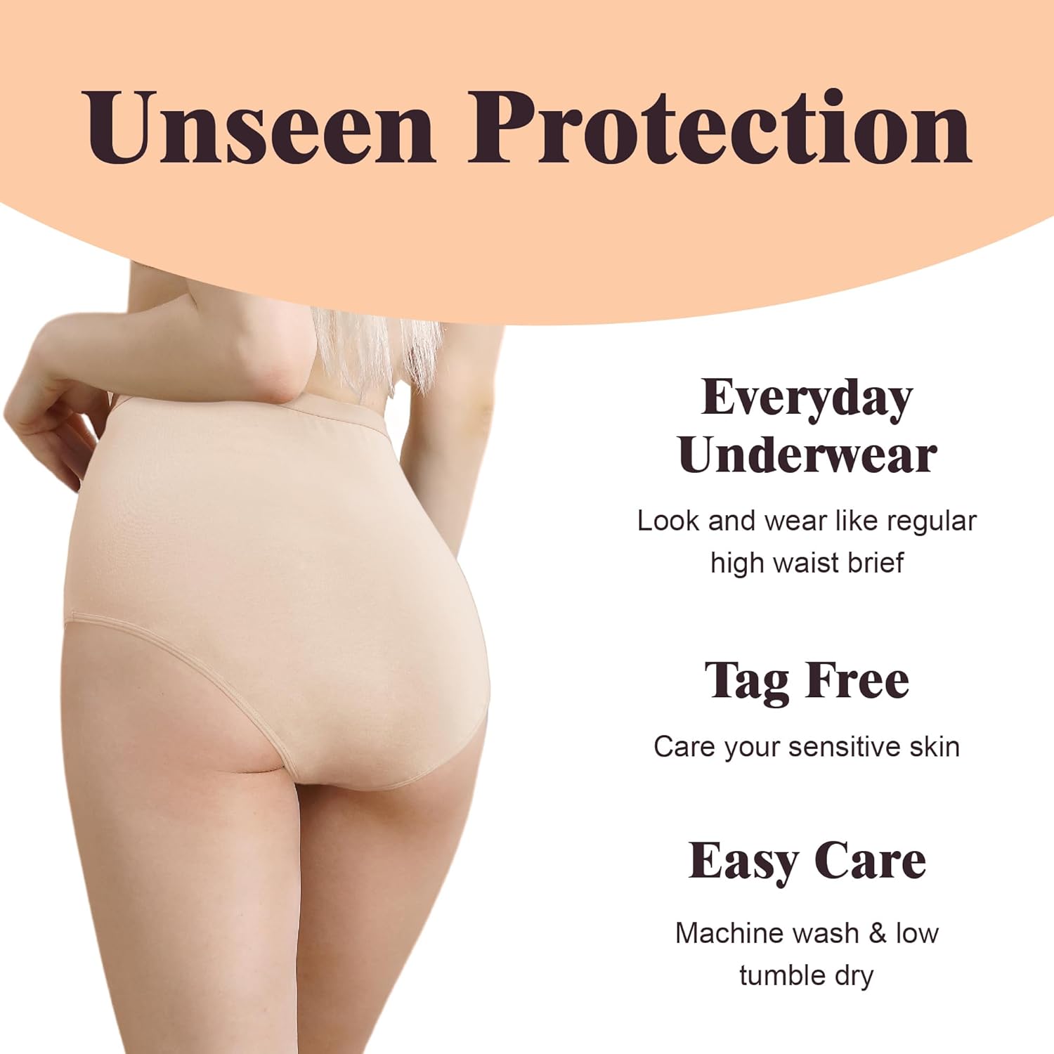 Washable Incontinence Panties for Women Bladder Leak Proof Underwear Light Absorbent Protection Cotton Brief 3 Pack (Beige L) - Image 6