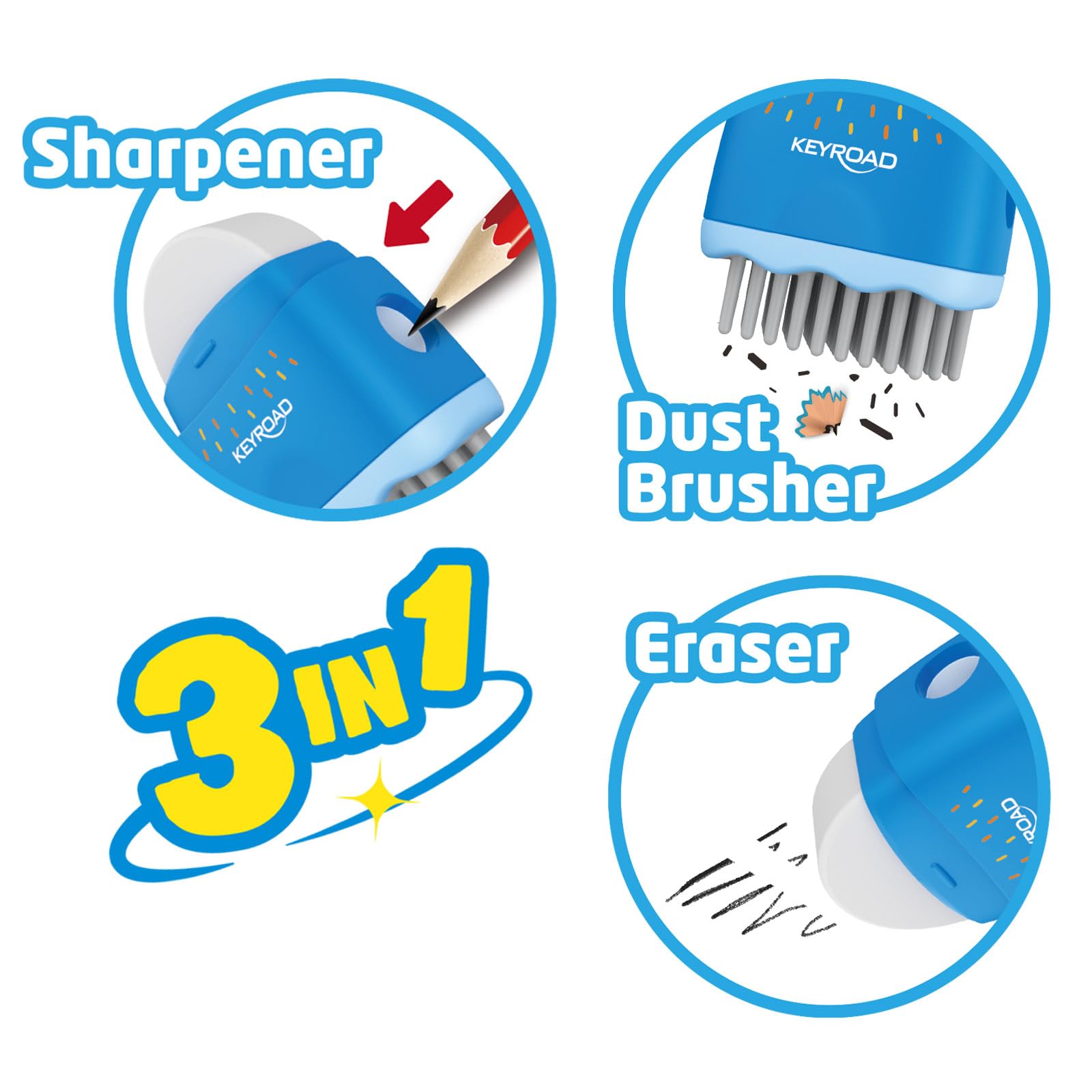 KEYROAD Temperamatite ergonomico singolo ROCKY-DOCKY 3 in 1 con gomma e pennello plastica lame in acciaio colori misti