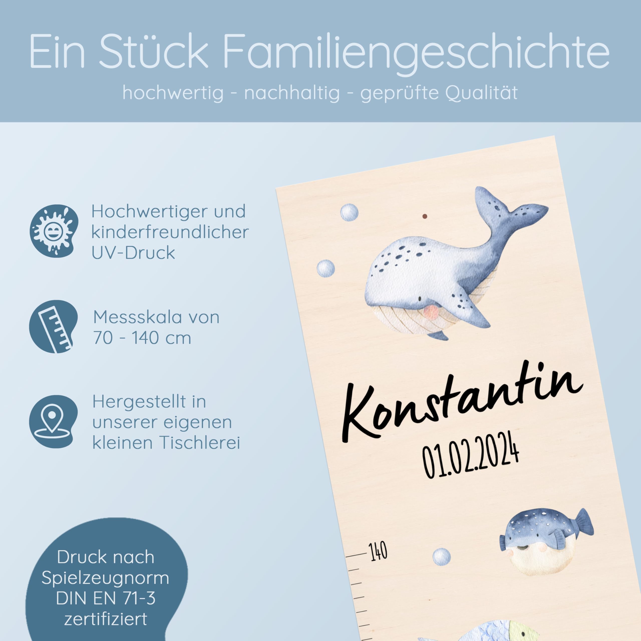 Bärenfreunde® - Personalisierte Messlatte Kind Holz zum Kleben oder Aufhängen - Skala 70-140cm - Süße Dekoration für Baby- & Kleinkinderzimmer (Kinder 70-140cm, Schildkröte blau)