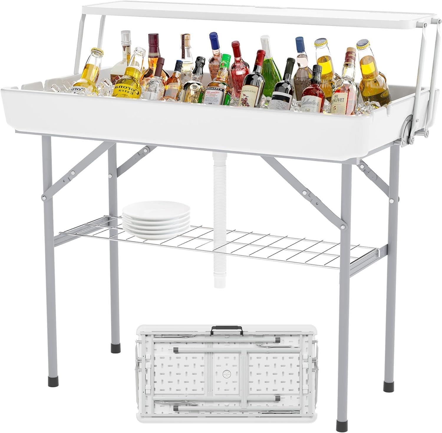 LHBcraft Outdoor Ice Cooler Folding Table with Extra Storage Shelf,Ice Tables for Parties with Drain,Cooler Server for Camping, Picnic, Wedding, BBQ, White