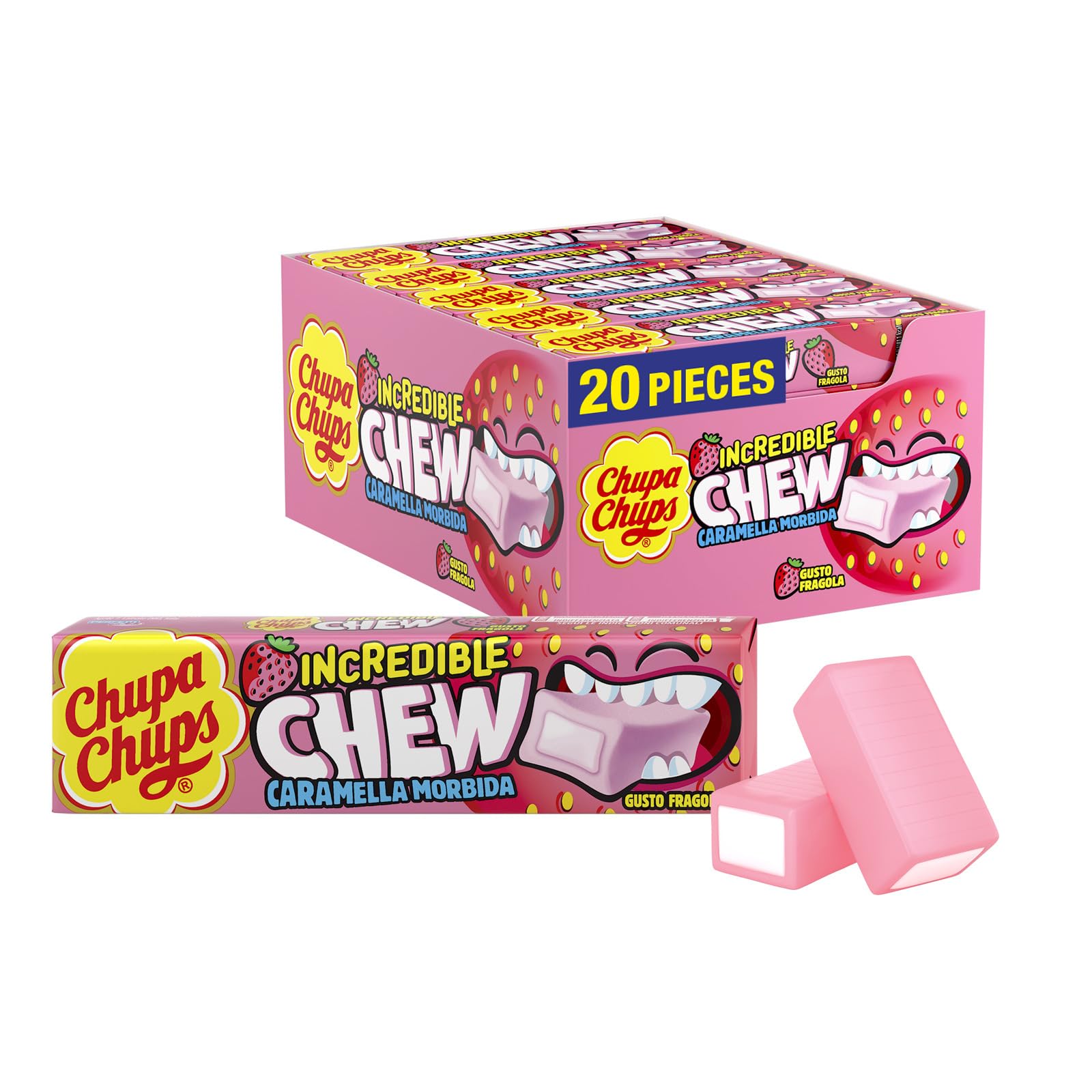 Chupa Chups Incredible Chew Strawberry, Gusto Fragola, Caramelle Morbide, Confezione da 20 Stick, Incredibile Esplosione di Gusto