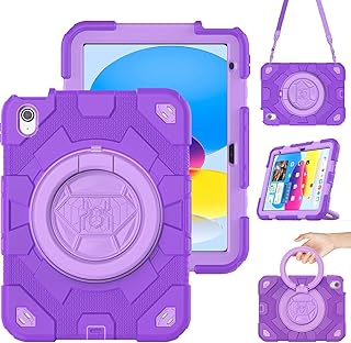 SCSVPN Case for iPad 10th Generation 2022, Shockproof Rugged iPad 10th Case with Pencil Holder, 360 Rotating Stand/Handle Carrying Shoulder Strap Belt, Heavy Duty Case for iPad 10th Gen 10.9", Purple