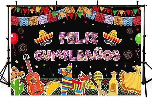 Miniatura 4 de SENDY Fondo de Feliz Cumpleaños de 7 x 5 pies suministros de decoración de fiesta mexicana globos de cactus México Cinco De Mayo carnaval mesa de